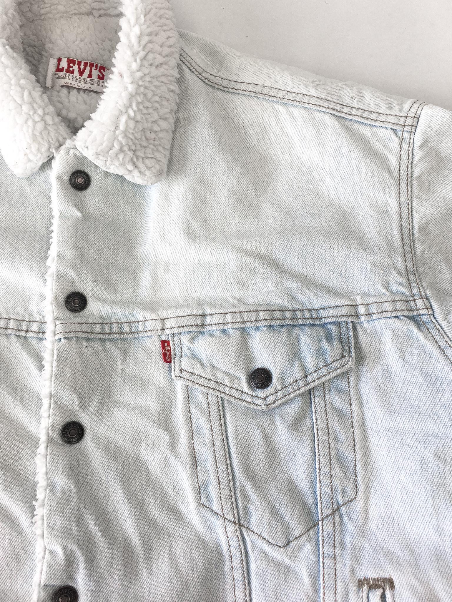 Vintage 90s Levi's Ultra Light Wash Sherpa Lined Denim Trucker Jacket, Men's Sz. L