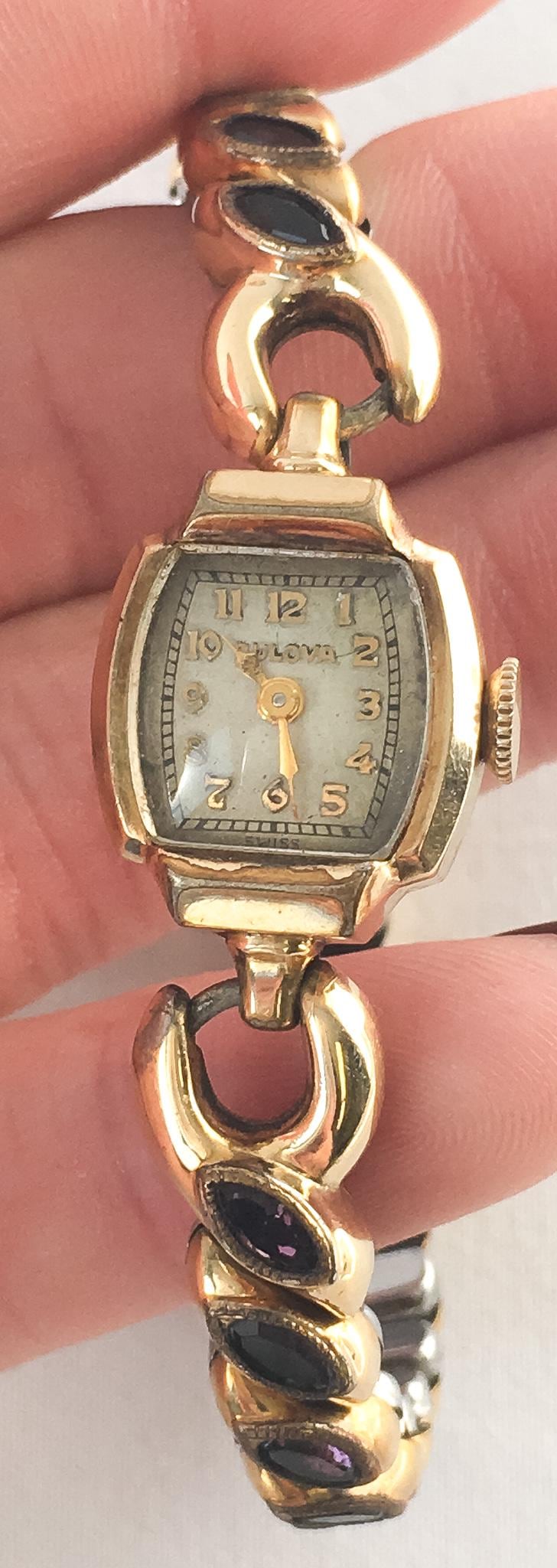 Vintage Bulova 10K Gold Filled Purple Glass Stone Expandable Wrist Watch, 4"-8", Unique Elegant Everyday Watch