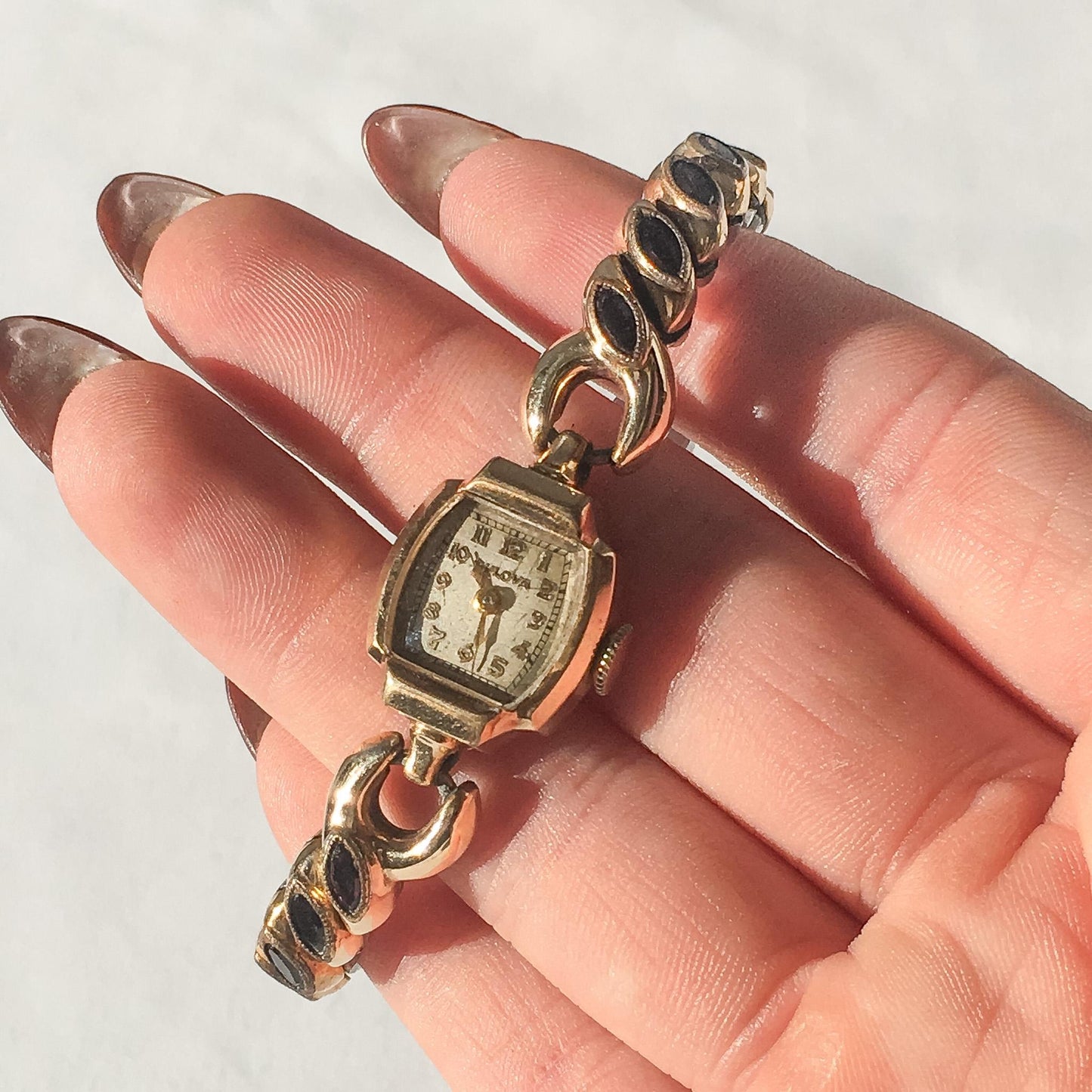 Vintage Bulova 10K Gold Filled Purple Glass Stone Expandable Wrist Watch, 4"-8", Unique Elegant Everyday Watch