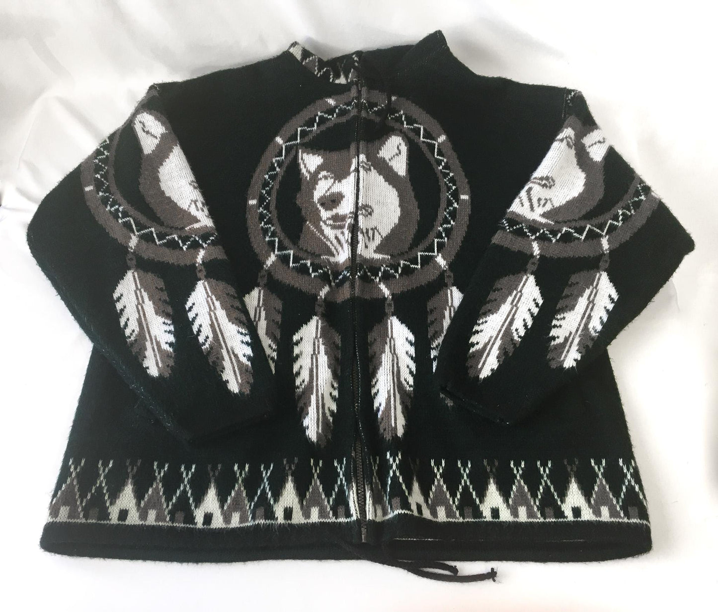 90s Yarina Forest Green/Black Wolf Dreamcatcher Wool Blend Native Style Zip Up Hoodie, Men's Sz L Unisex Native Western Style Sweatshirt