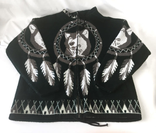 90s Yarina Forest Green/Black Wolf Dreamcatcher Wool Blend Native Style Zip Up Hoodie, Men's Sz L Unisex Native Western Style Sweatshirt