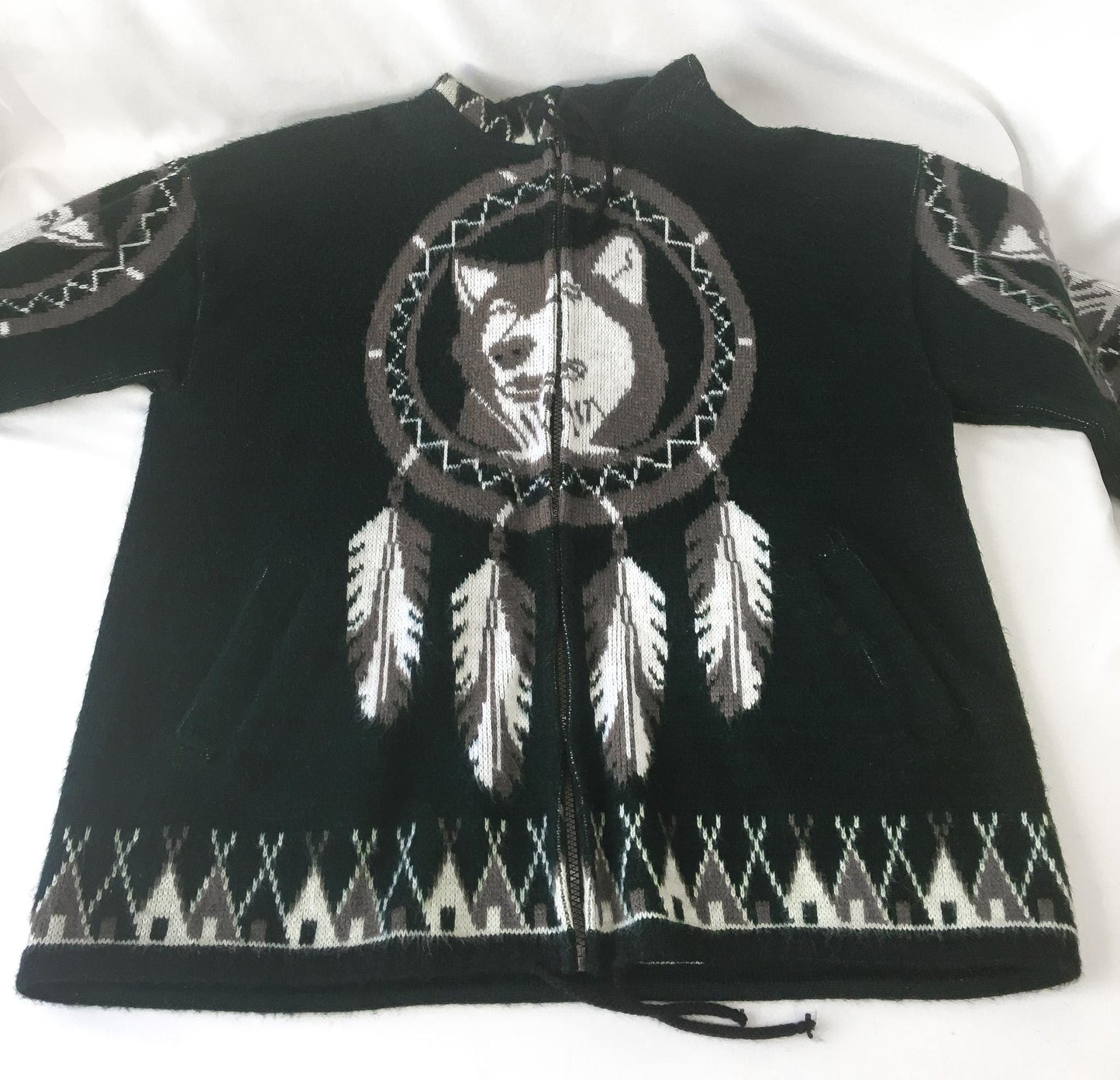 90s Yarina Forest Green/Black Wolf Dreamcatcher Wool Blend Native Style Zip Up Hoodie, Men's Sz L Unisex Native Western Style Sweatshirt