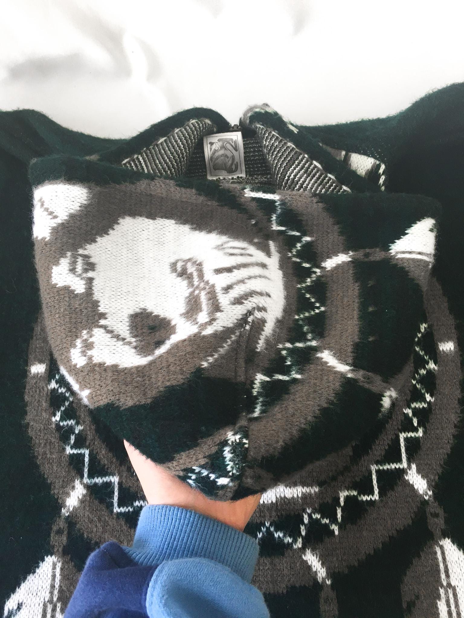 90s Yarina Forest Green/Black Wolf Dreamcatcher Wool Blend Native Style Zip Up Hoodie, Men's Sz L Unisex Native Western Style Sweatshirt