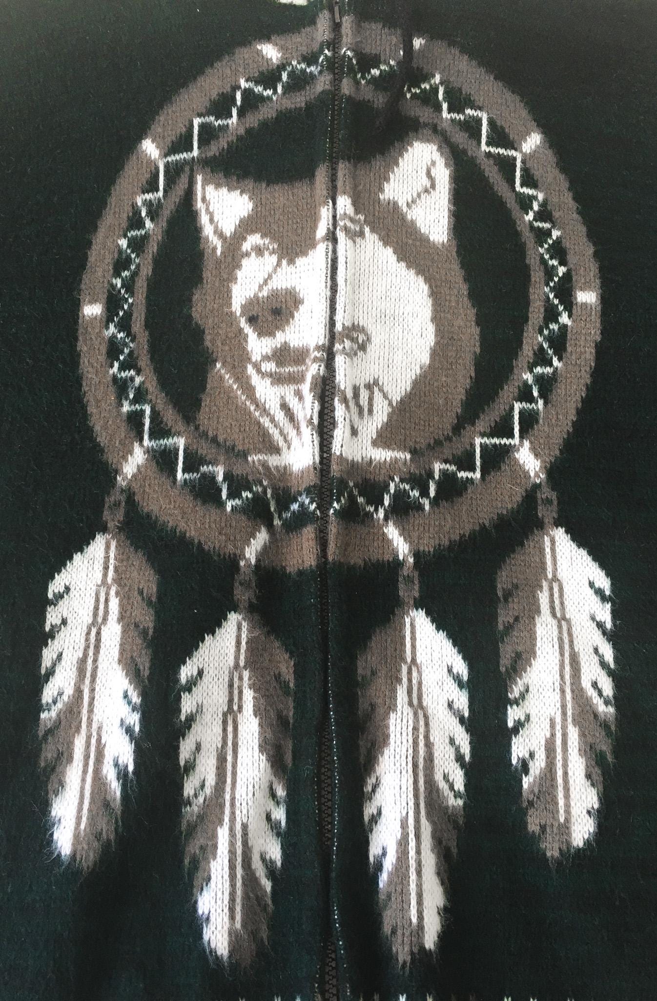 90s Yarina Forest Green/Black Wolf Dreamcatcher Wool Blend Native Style Zip Up Hoodie, Men's Sz L Unisex Native Western Style Sweatshirt