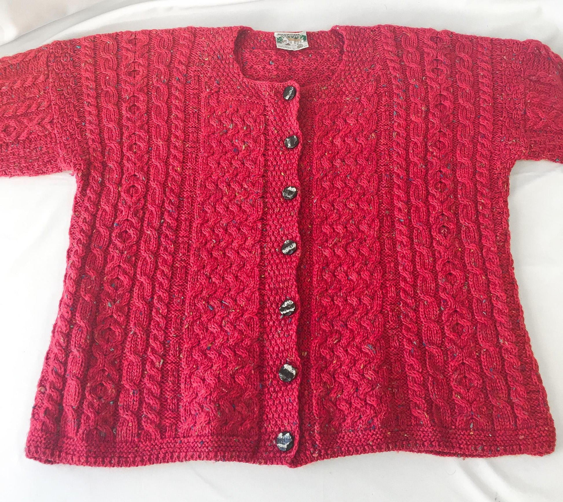 Vintage Connemara Knitwear Pink/Rainbow Speckled Pure Wool Button Up Cardigan Sweater, Women's Sz. L