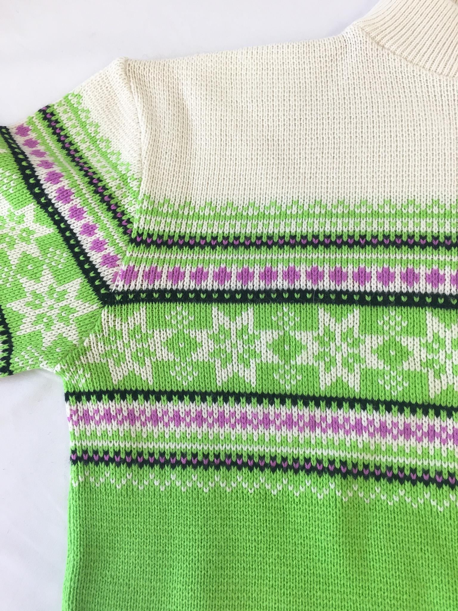 Vintage 90s Arctic Wear Lime Green Striped Fair Isle Snowflake Mock Neck Sweater, Men's Sz. M