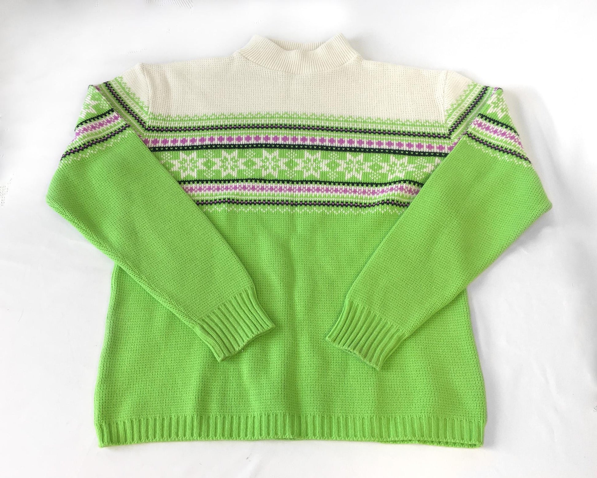 Vintage 90s Arctic Wear Lime Green Striped Fair Isle Snowflake Mock Neck Sweater, Men's Sz. M