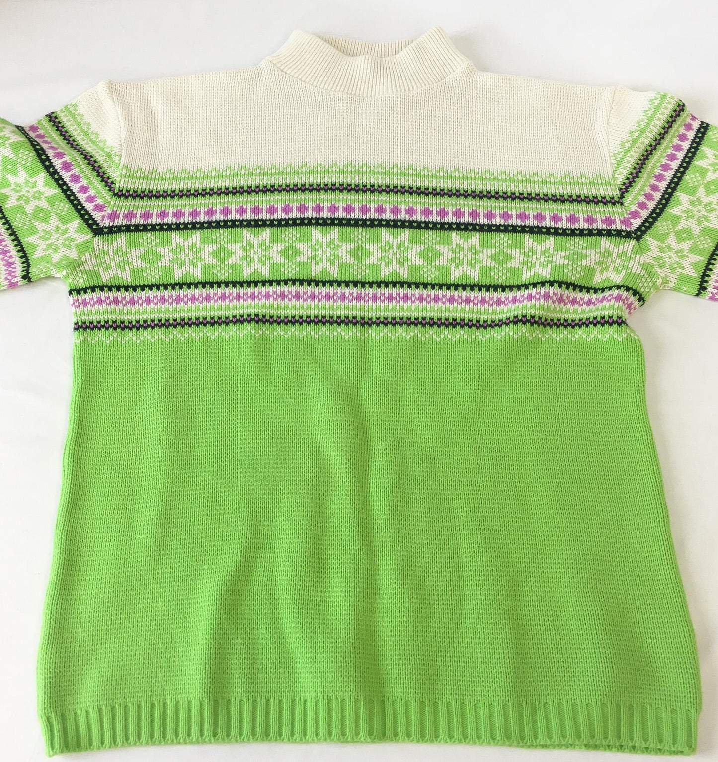 Vintage 90s Arctic Wear Lime Green Striped Fair Isle Snowflake Mock Neck Sweater, Men's Sz. M