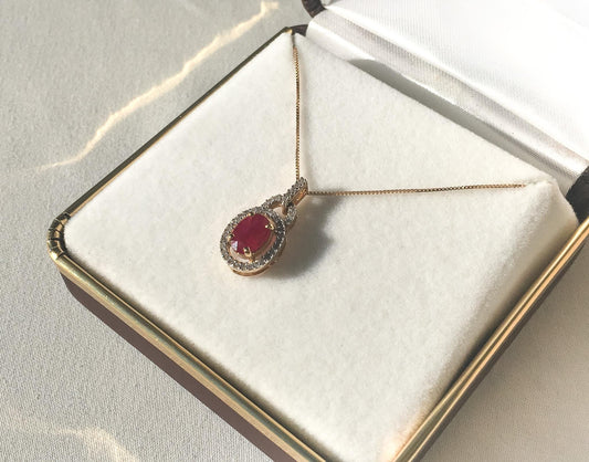 14K Yellow Gold Diamond Ruby Oval Pendant Box Chain Necklace, Roughly 18", Simple Elegant Everyday Necklace