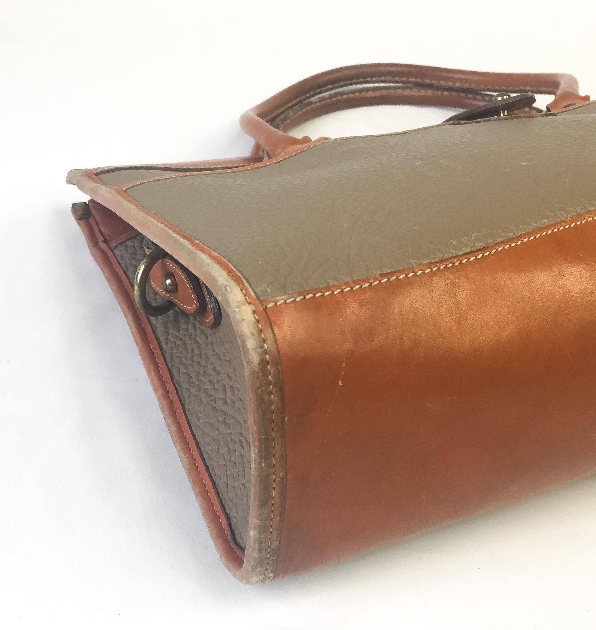 Vintage 80s Dooney and Bourke All Weather Beige Brown Leather Top Handle Crossbody Satchel