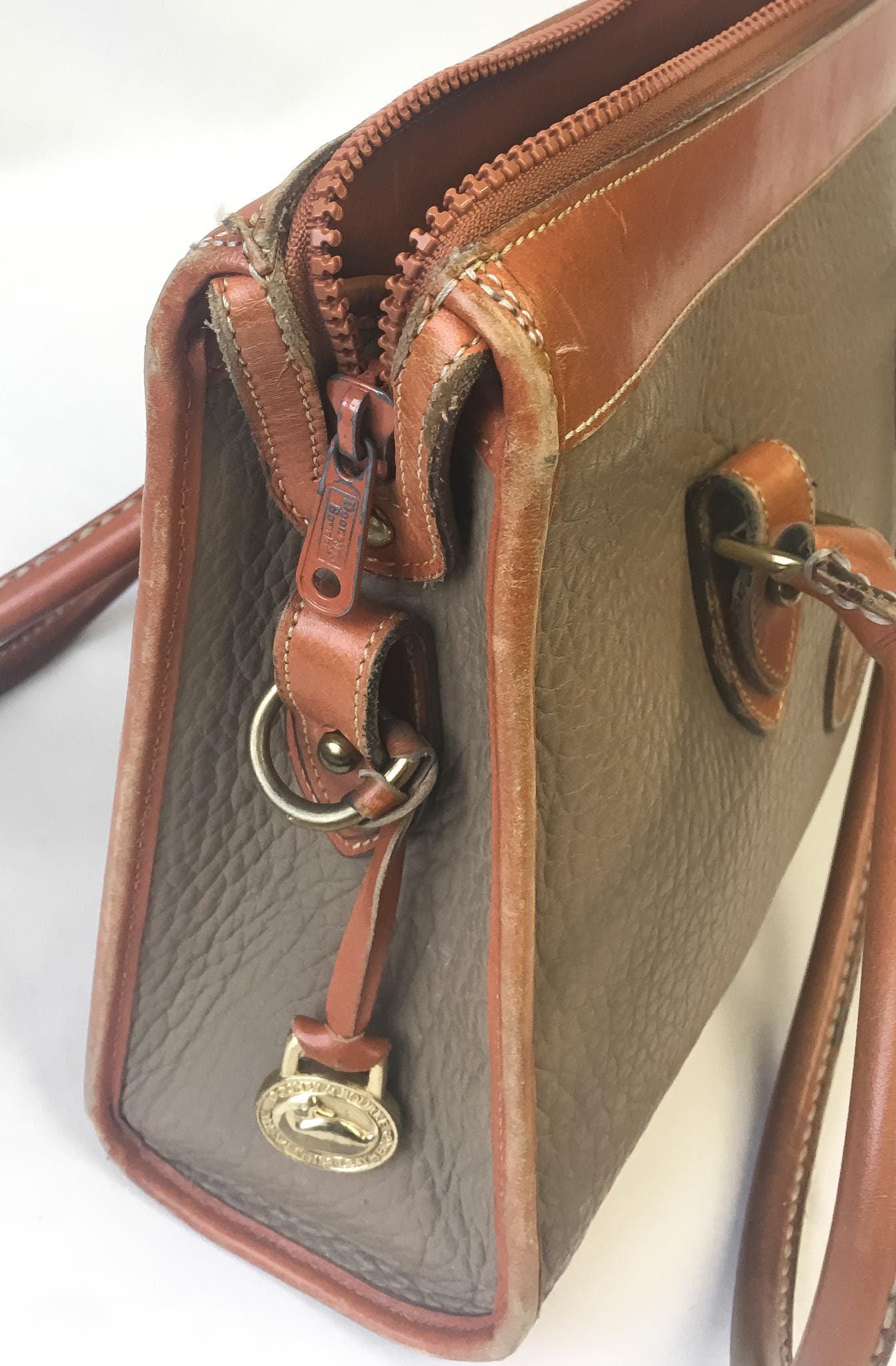 Vintage 80s Dooney and Bourke All Weather Beige Brown Leather Top Handle Crossbody Satchel