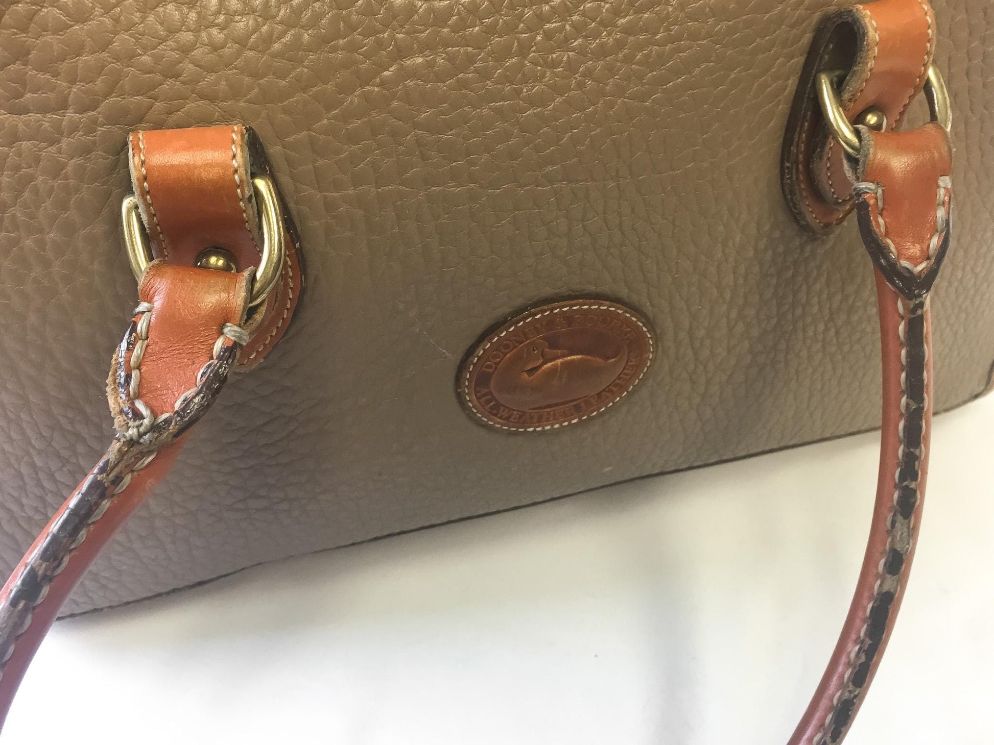 Vintage 80s Dooney and Bourke All Weather Beige Brown Leather Top Handle Crossbody Satchel