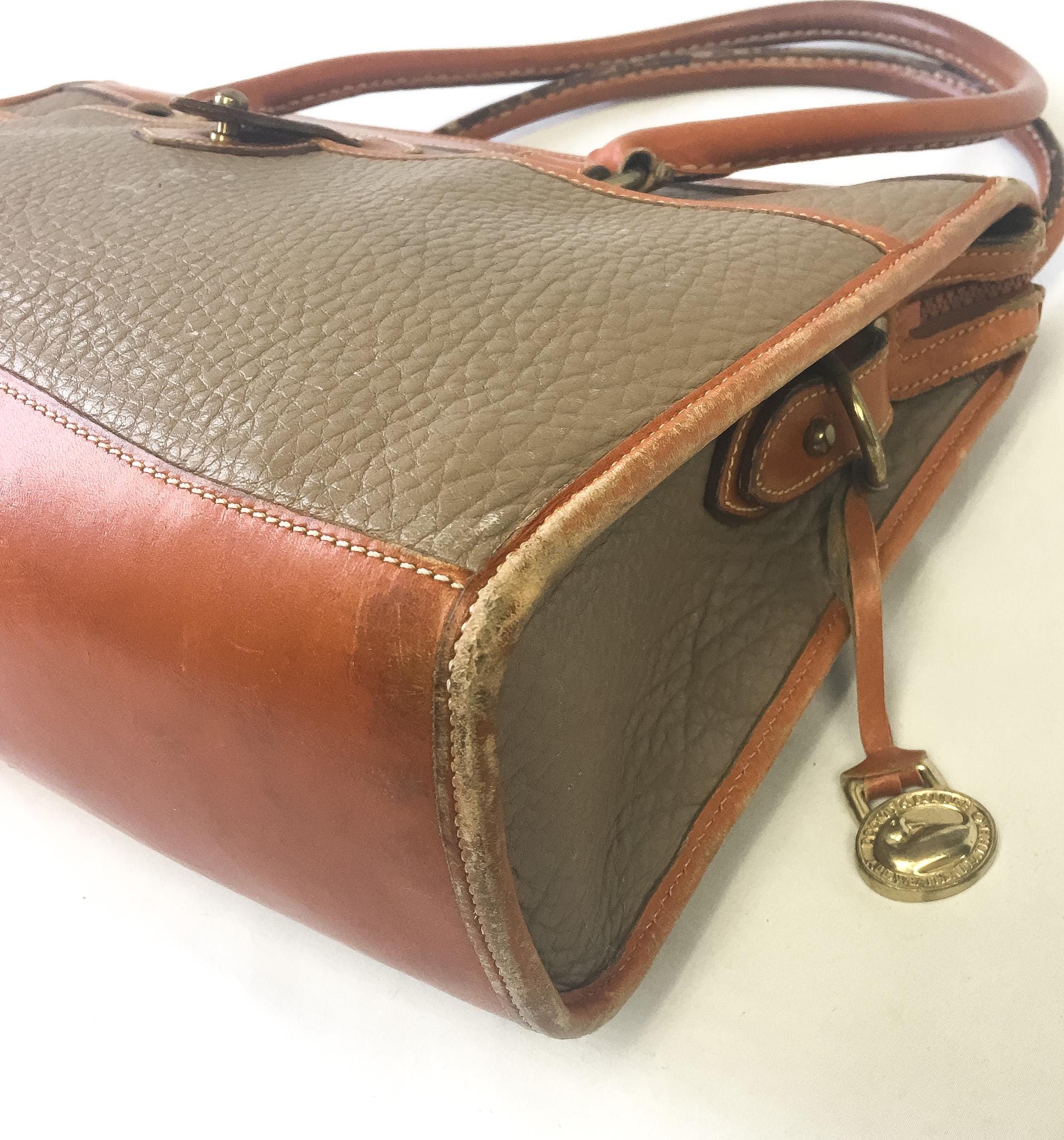 Vintage 80s Dooney and Bourke All Weather Beige Brown Leather Top Handle Crossbody Satchel