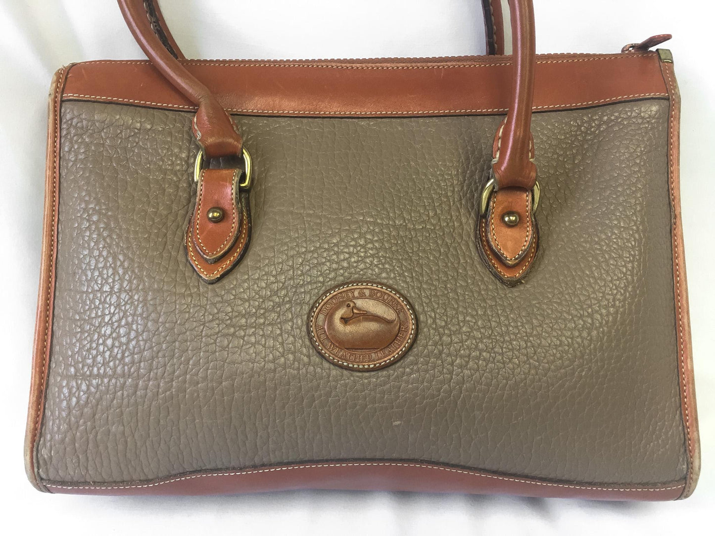 Vintage 80s Dooney and Bourke All Weather Beige Brown Leather Top Handle Crossbody Satchel