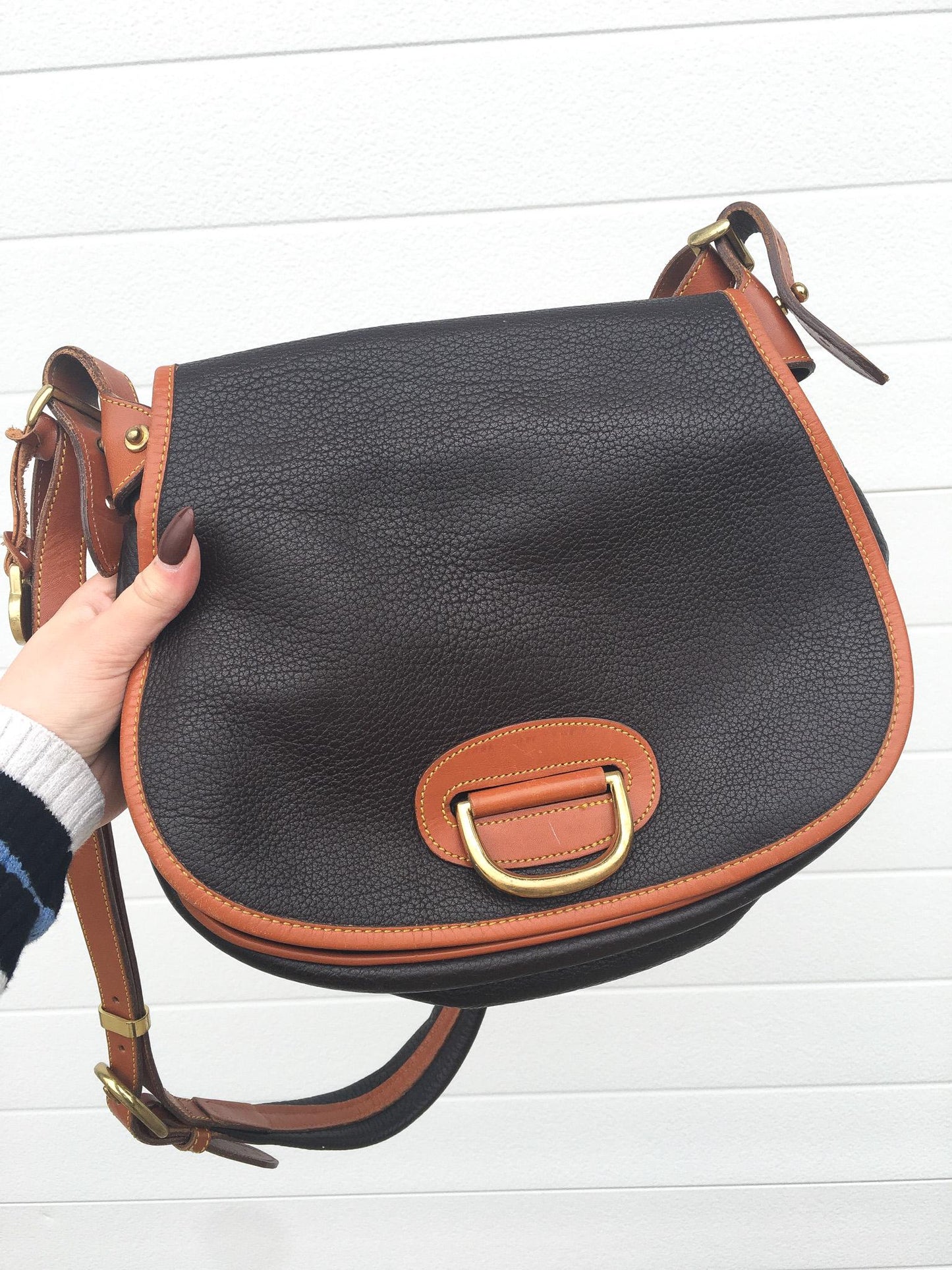 Vintage 90s Dooney and Bourke All Weather Dark Brown Leather Horseshoe Crossbody Bag