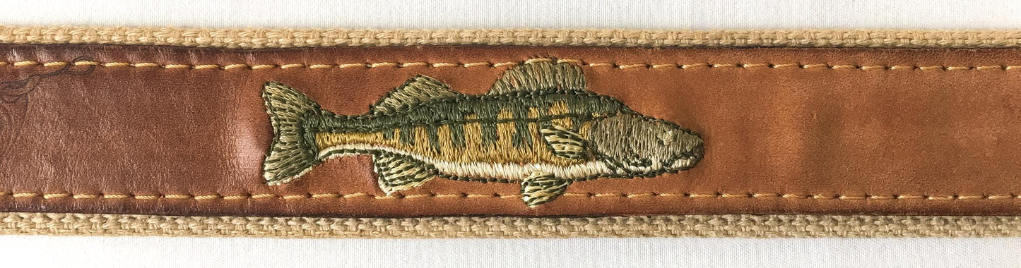 Vintage Zep-Pro Leather Canvas Embroidered Fish Belt, Sz. 38, Vintage Grandpa Dad Country Style Belt