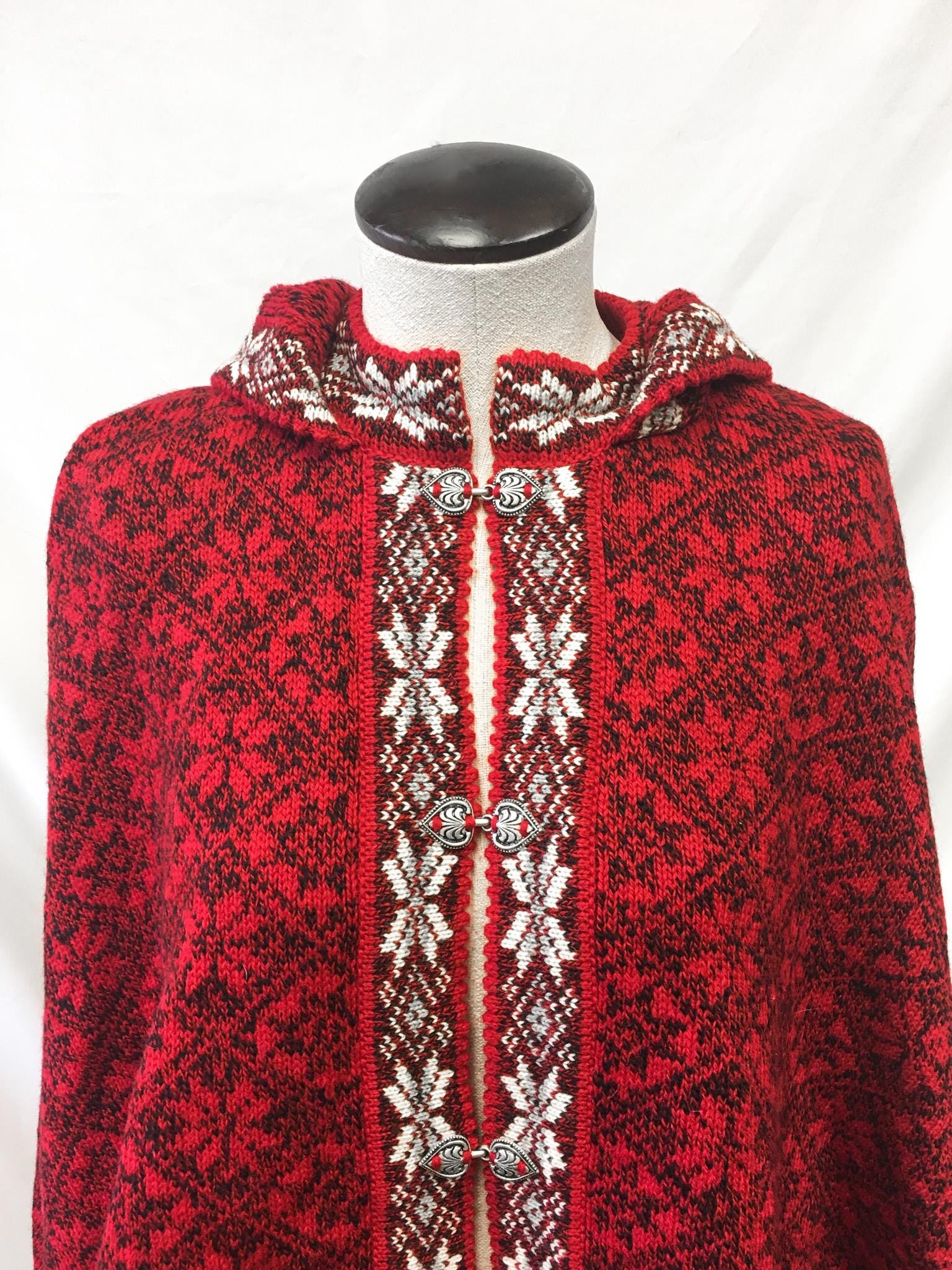 Vintage Handmade Red Fair Isle Wool Hooded Poncho with Silver Metal Heart Clasps, Sz. S-L, Unique Nordic Sweater Cardigan