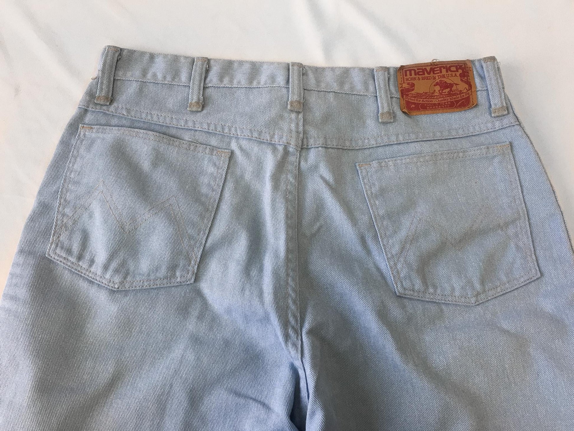 Vintage 70s Maverick Light Wash High Rise Unisex Bootcut Jeans, Sz. 32" x 30", Vintage Western Jeans