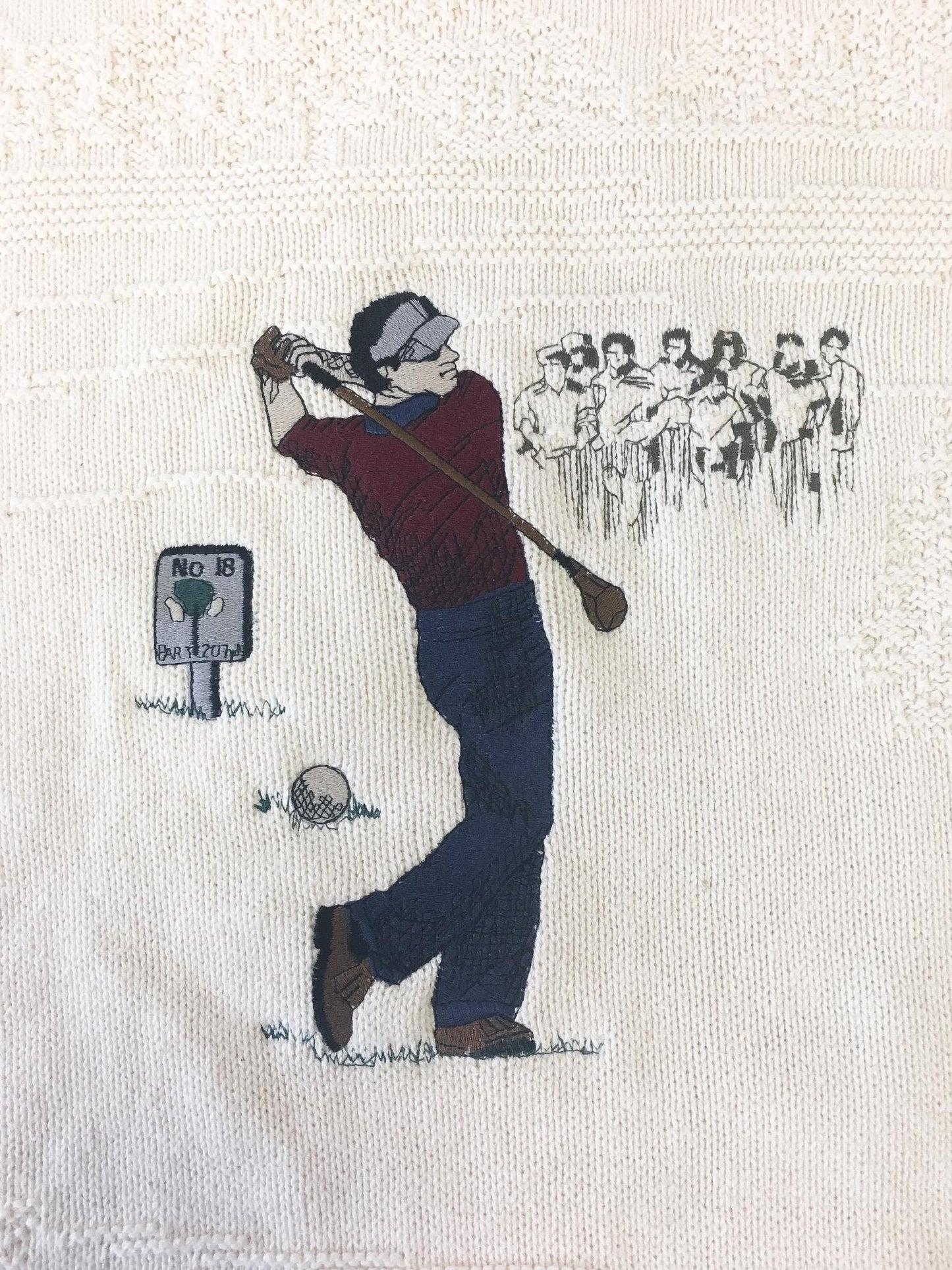 Vintage Shenandoah Cream/Off-White Golf Figure Embroidered Knit Sweater, Men's Sz. Large Tall, Vintage 90s Grandpa Dad Preppy Style Sweater