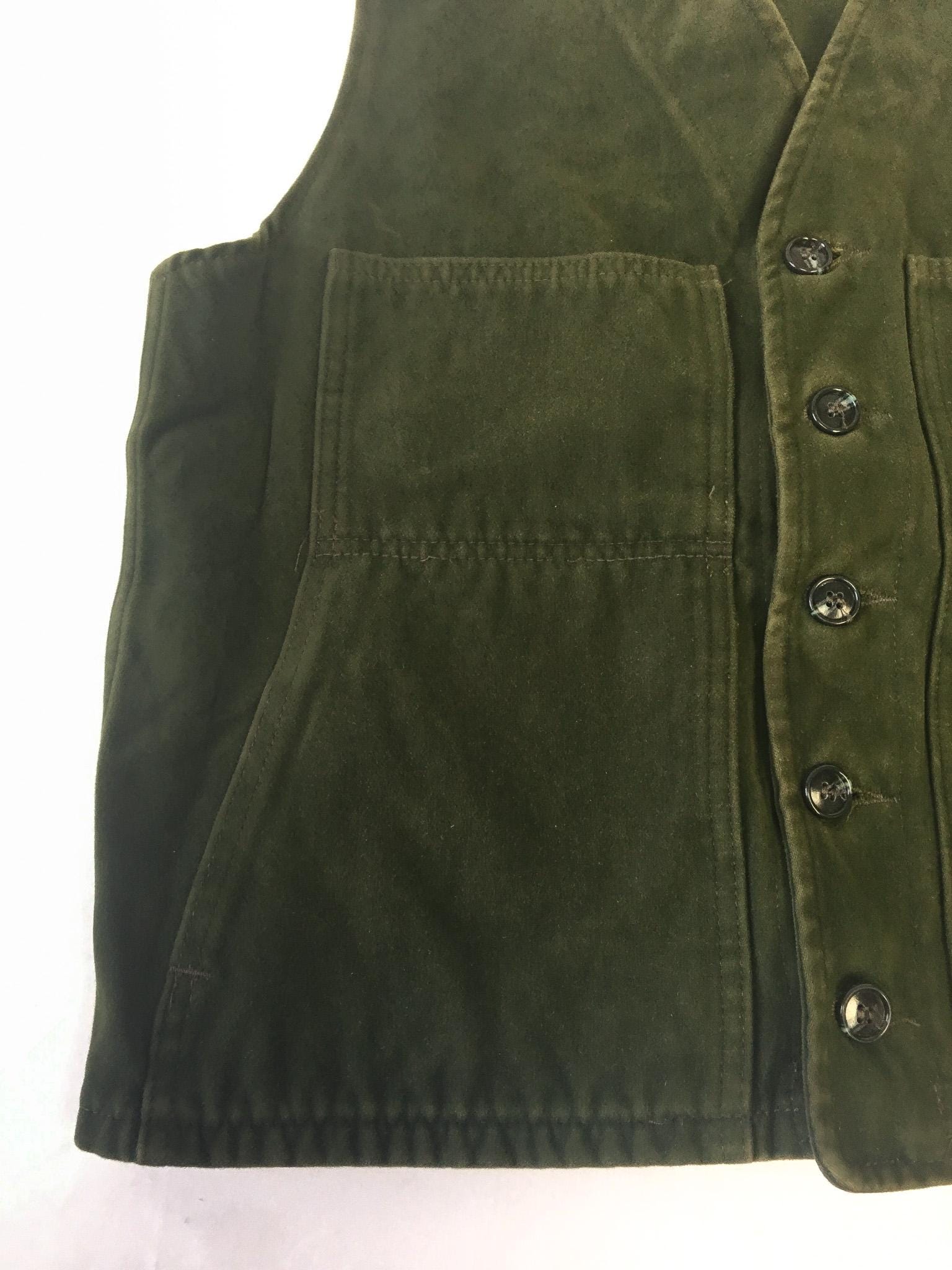 Vintage Filson Mackinaw Olive Green Suede Vest, Approx. Men's Sz. M/L