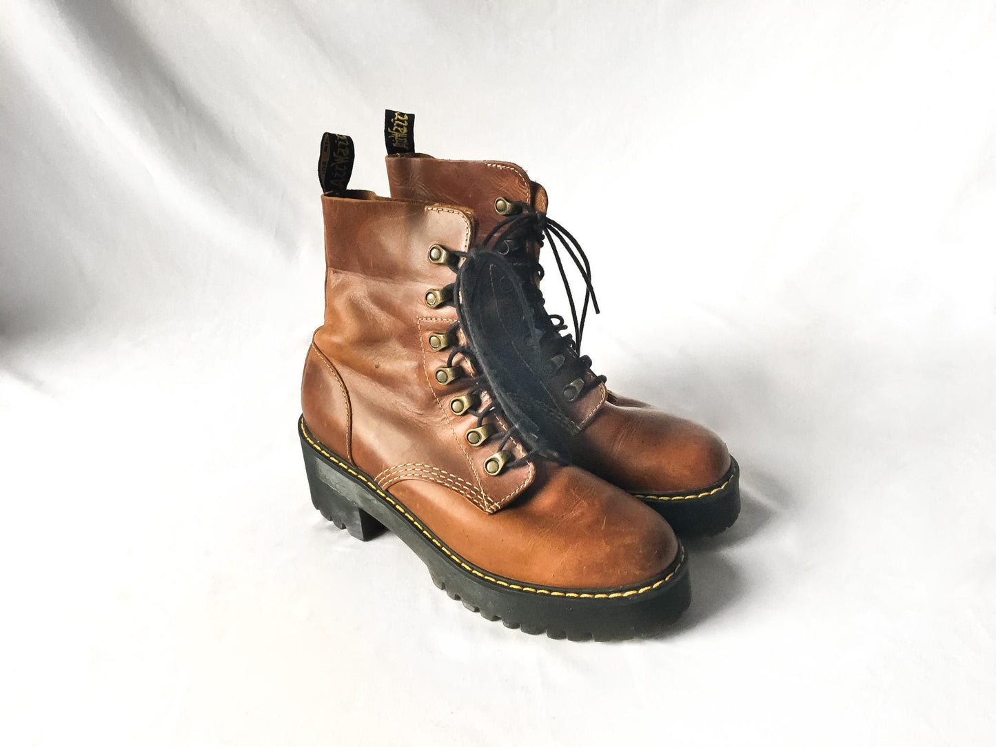 Vintage Dr. Martens Leona Brown Leather Chunky Platform Combat Boots, Women's Sz. 9