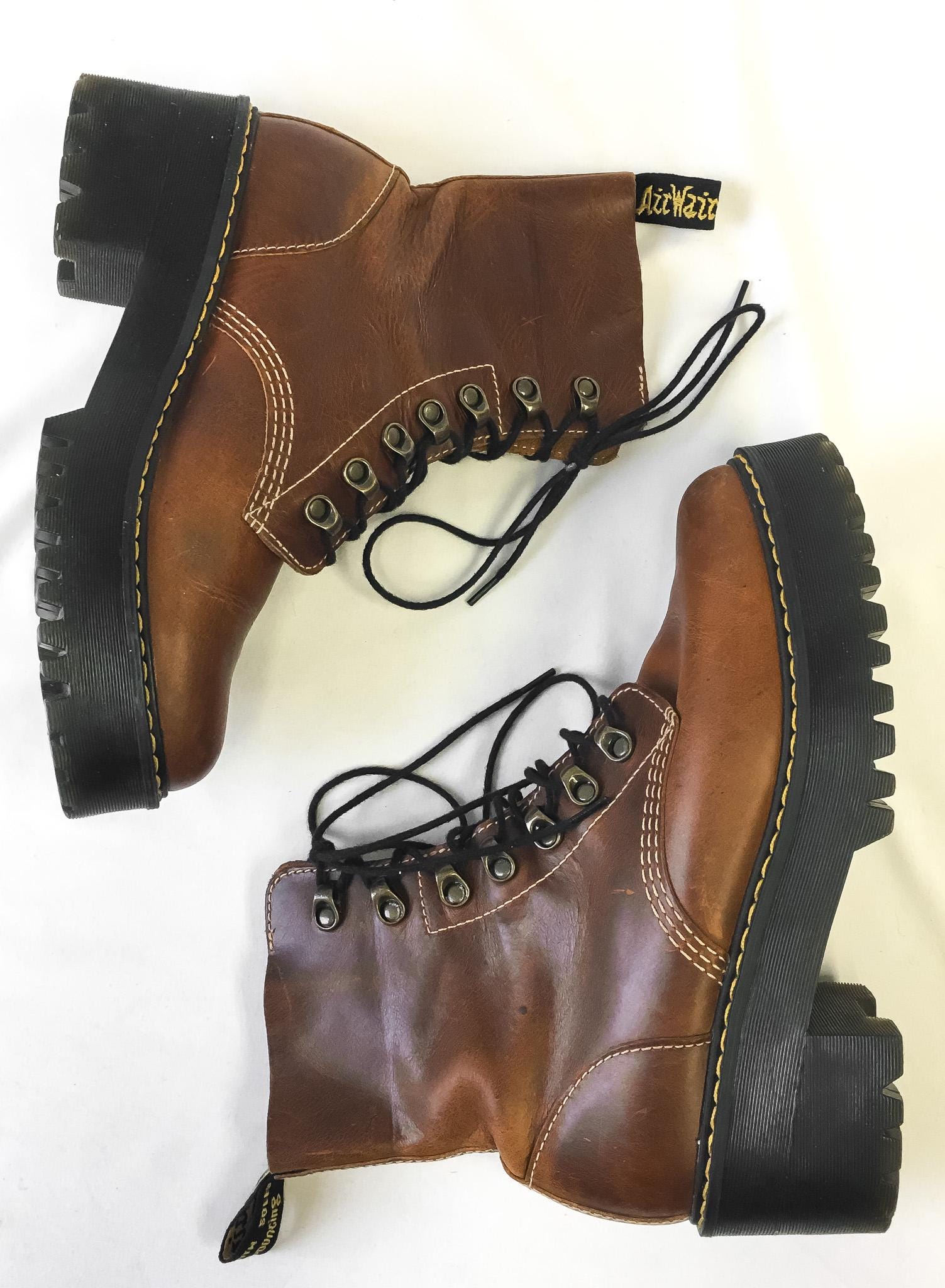 Vintage Dr. Martens Leona Brown Leather Chunky Platform Combat Boots, Women's Sz. 9
