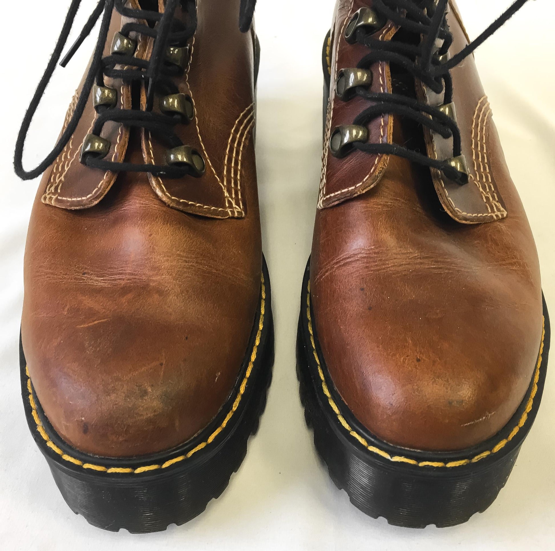 Vintage Dr. Martens Leona Brown Leather Chunky Platform Combat Boots, Women's Sz. 9