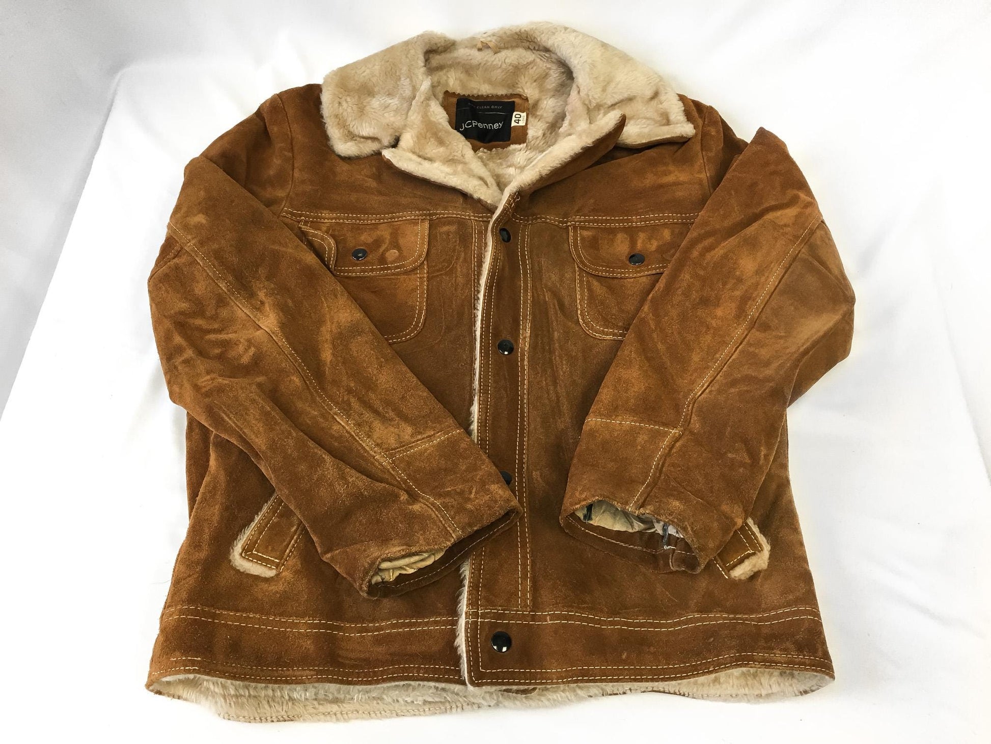 Vintage 70s JCPenney Brown Suede Sherpa Fur Jacket, Men's Sz. M/L