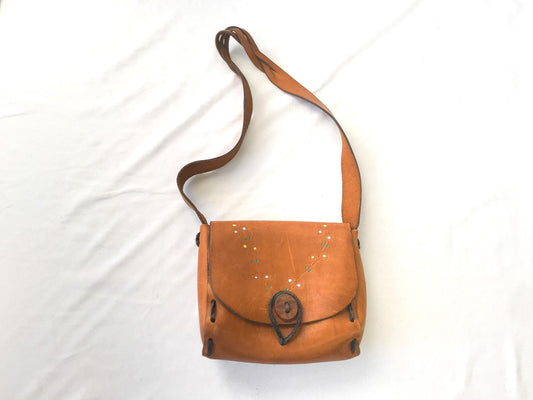 70s Handmade Woven Hand Painted Floral Leather Shoulder Bag, Vintage Boho Style Handbag