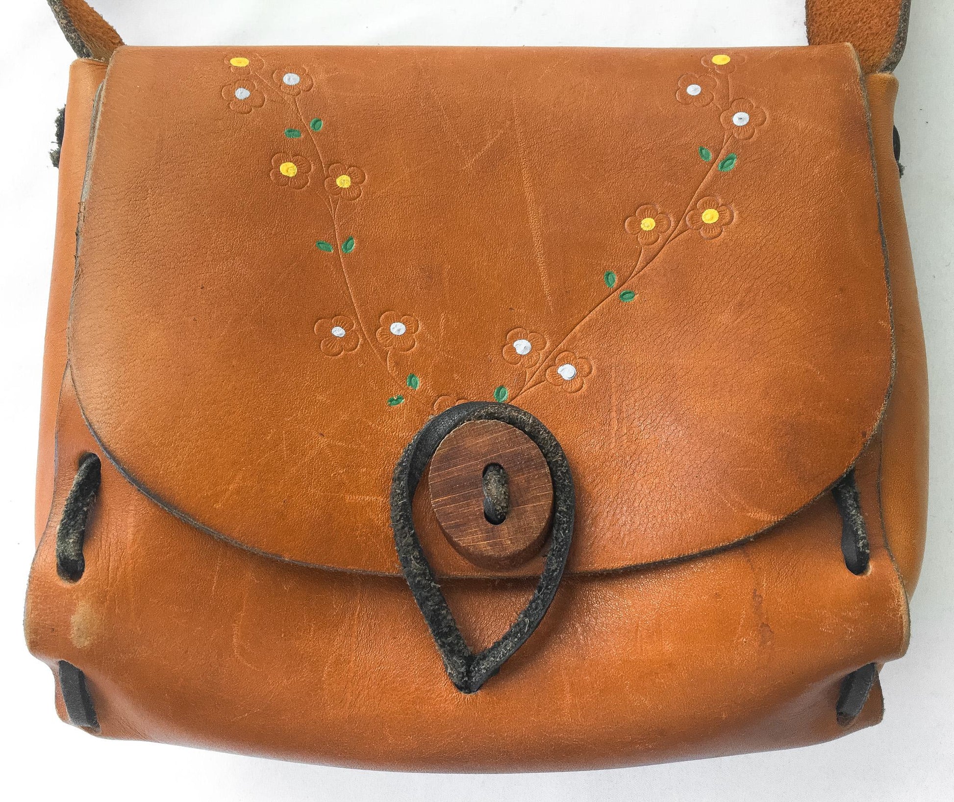 70s Handmade Woven Hand Painted Floral Leather Shoulder Bag, Vintage Boho Style Handbag
