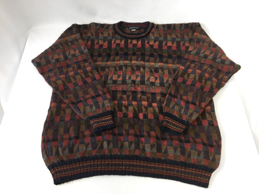 Vintage Warm Toned Multicolor Checkered Geometric Print 100% Alpaca Wool Sweater, Men's Sz. XL