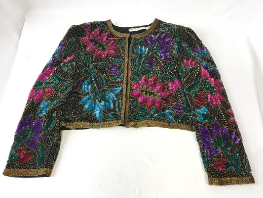 Vintage Night Vouge Multicolor Floral Sequin Silk Blazer, Women's Sz. S/M, Art Deco Cocktail Statement Top