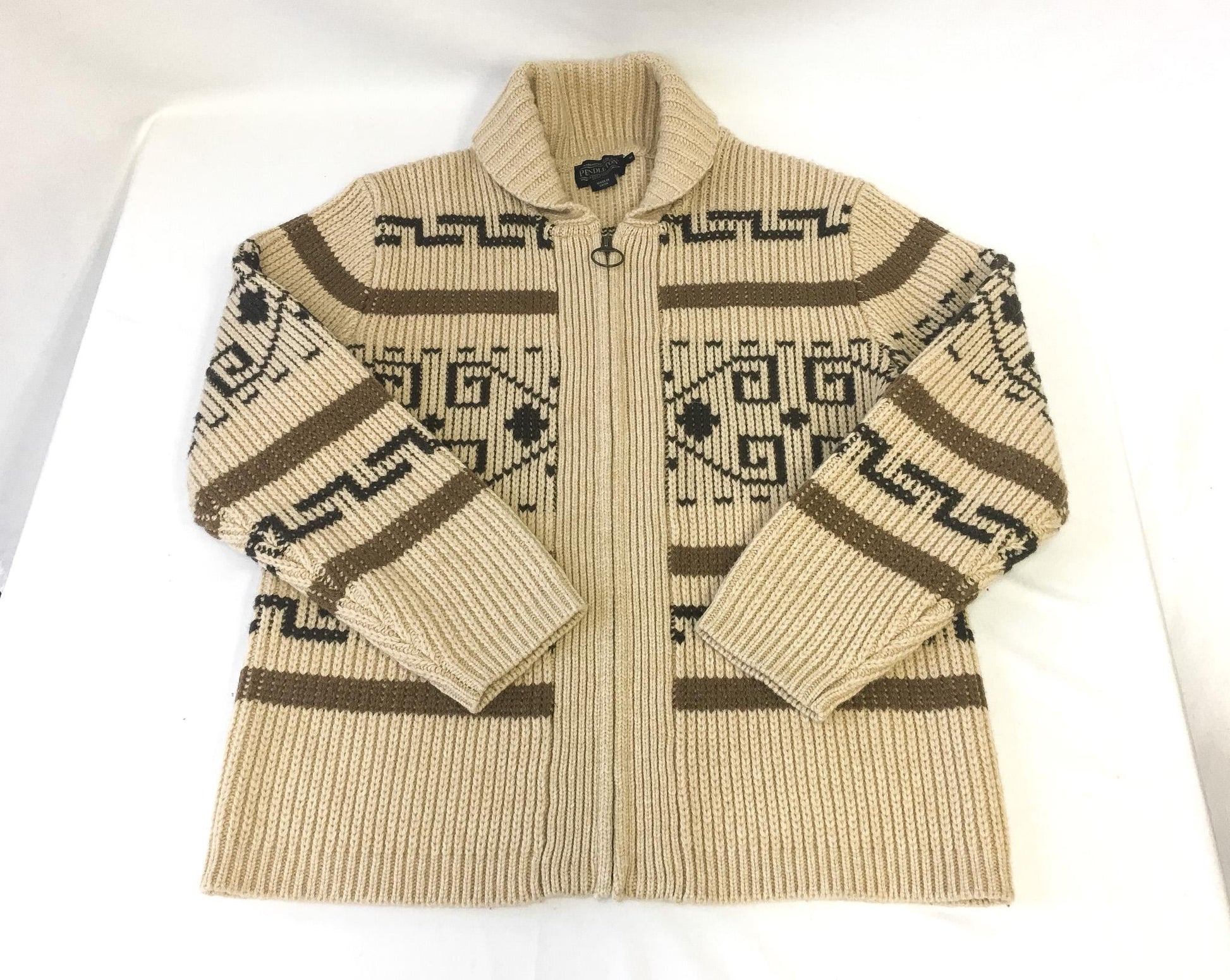 Vintage Pendleton "The Big Lebowski" Beige Abstract Aztec Print Wool Zip Cardigan Sweater, Men's Sz. M, Vintage Western Sweater