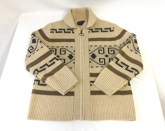 Vintage Pendleton "The Big Lebowski" Beige Abstract Aztec Print Wool Zip Cardigan Sweater, Men's Sz. M, Vintage Western Sweater