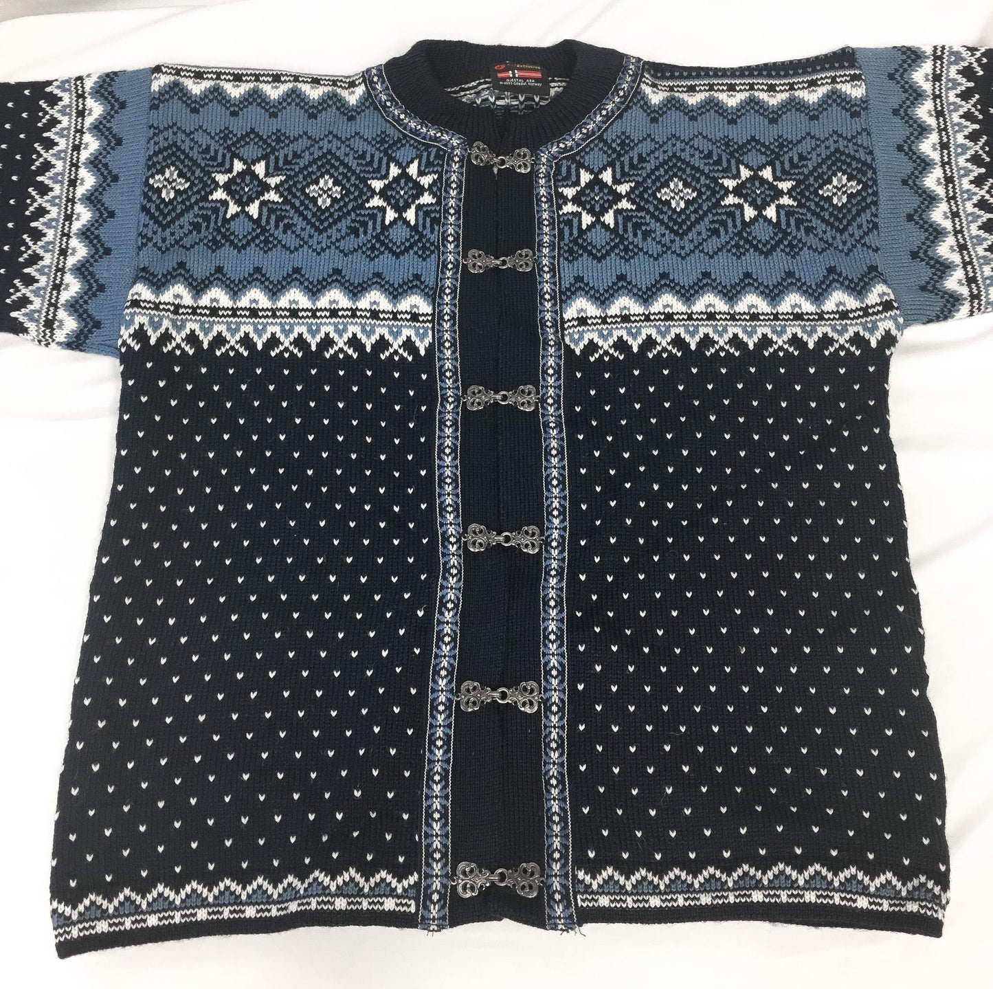 Gjestal Blue Navy Geometric Snowflake Fair Isle Pure Wool Metal Clasp Nordic Cardigan Sweater, Women's Sz. L