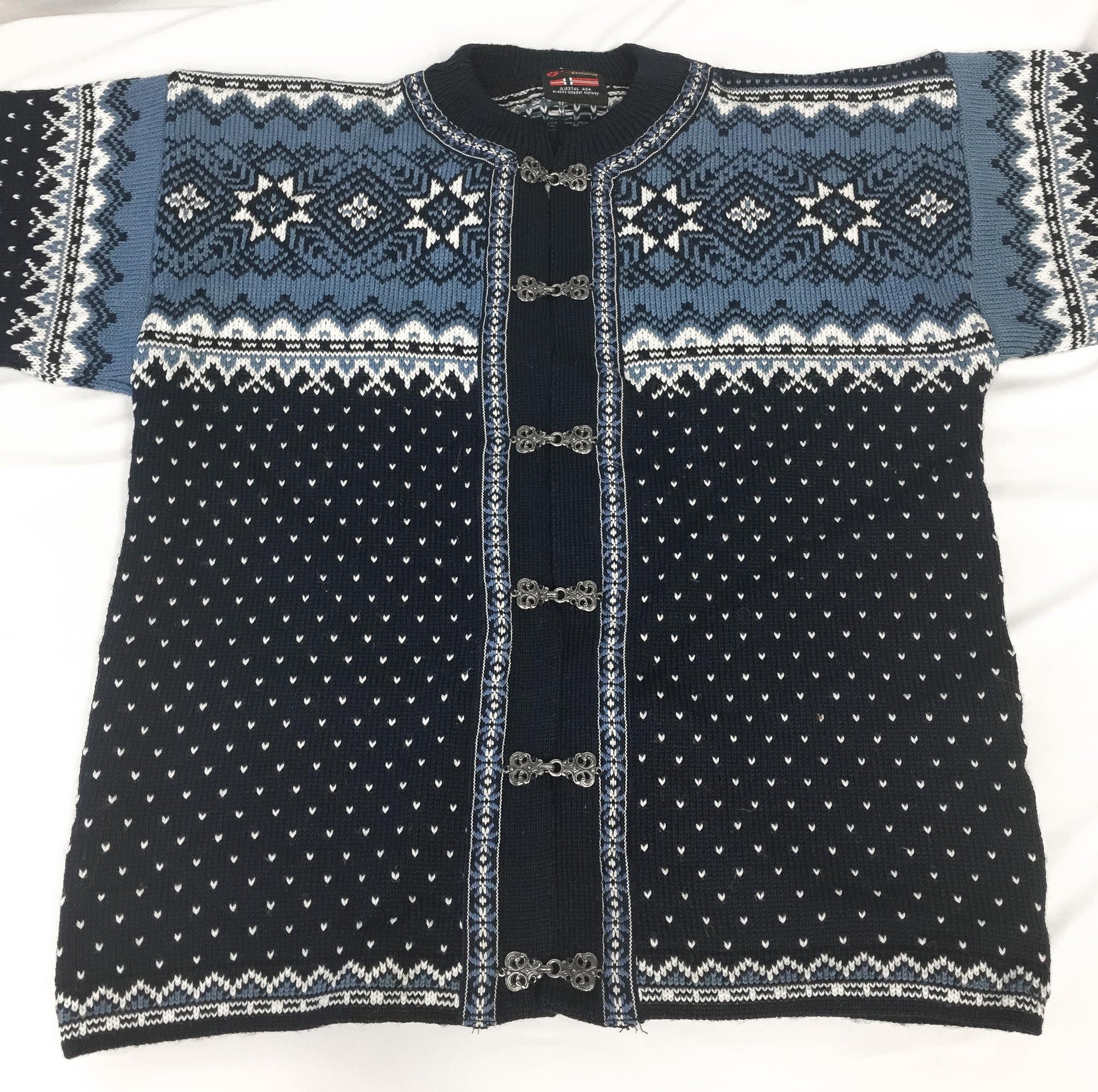 Gjestal Blue Navy Geometric Snowflake Fair Isle Pure Wool Metal Clasp Nordic Cardigan Sweater, Women's Sz. L