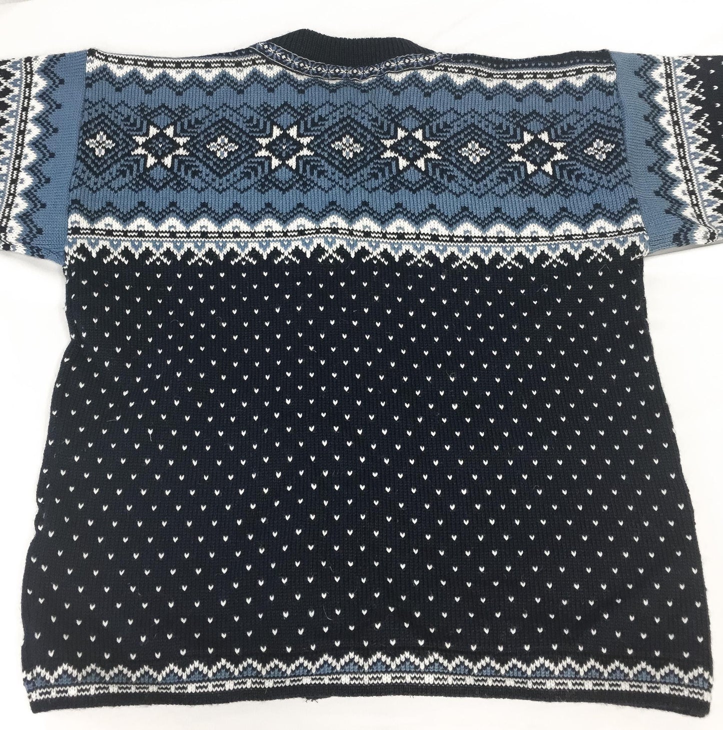 Gjestal Blue Navy Geometric Snowflake Fair Isle Pure Wool Metal Clasp Nordic Cardigan Sweater, Women's Sz. L