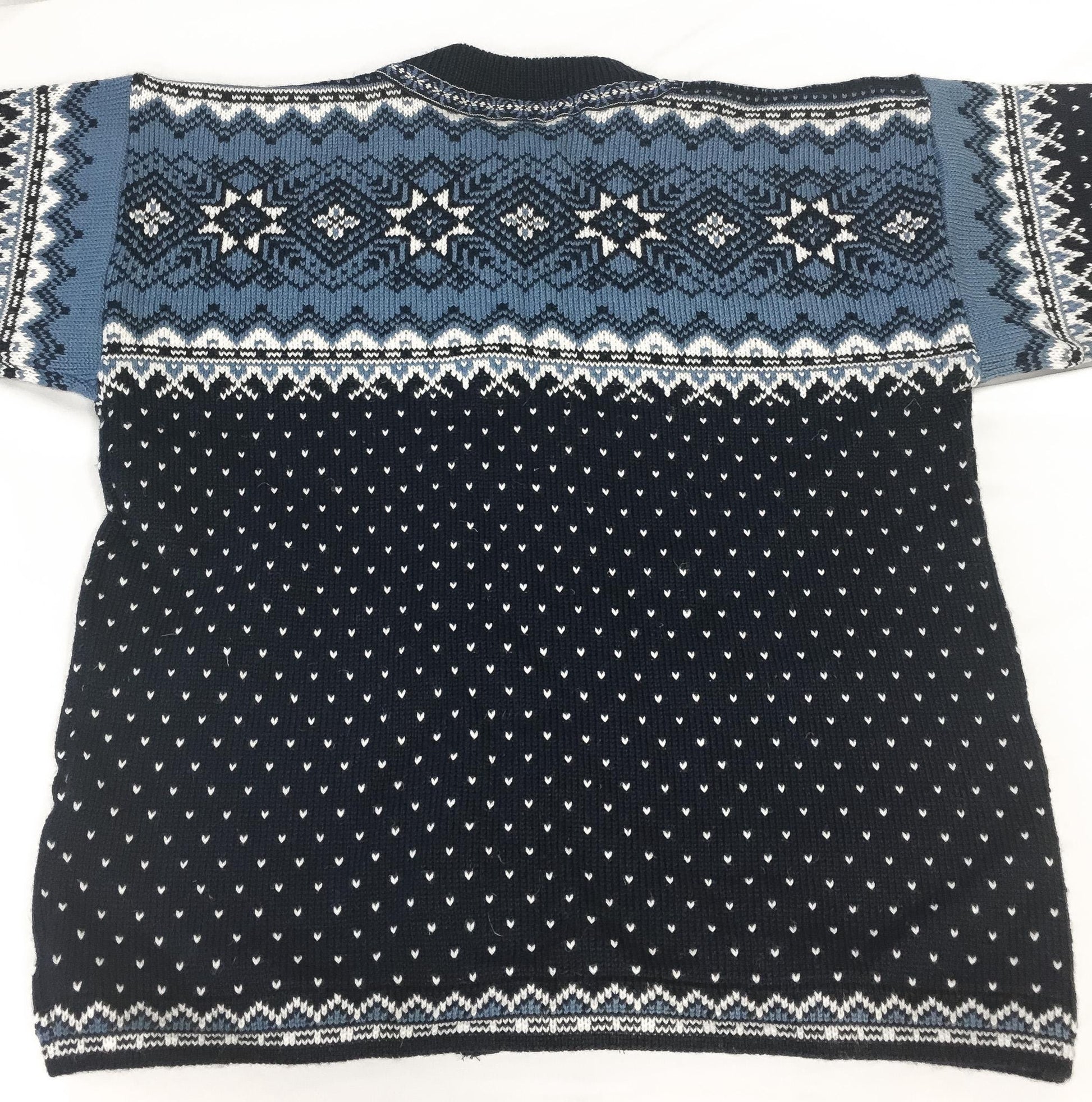 Gjestal Blue Navy Geometric Snowflake Fair Isle Pure Wool Metal Clasp Nordic Cardigan Sweater, Women's Sz. L