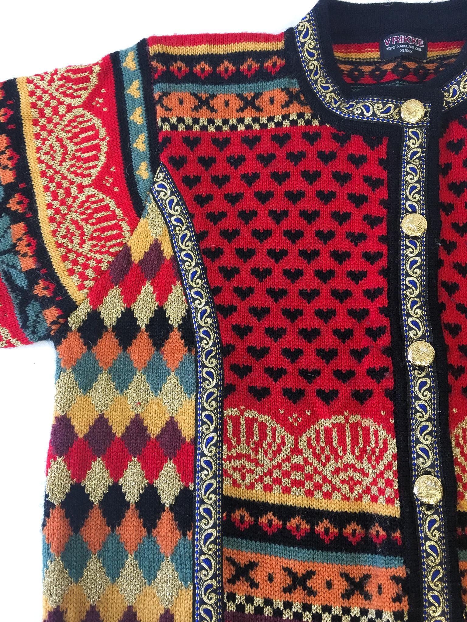 Vintage Vrikke Warm Toned Metallic Gold Abstract Patterned Wool Nordic Cardigan Sweater, Women's Sz. S, Unique Statement Norwegian Sweater