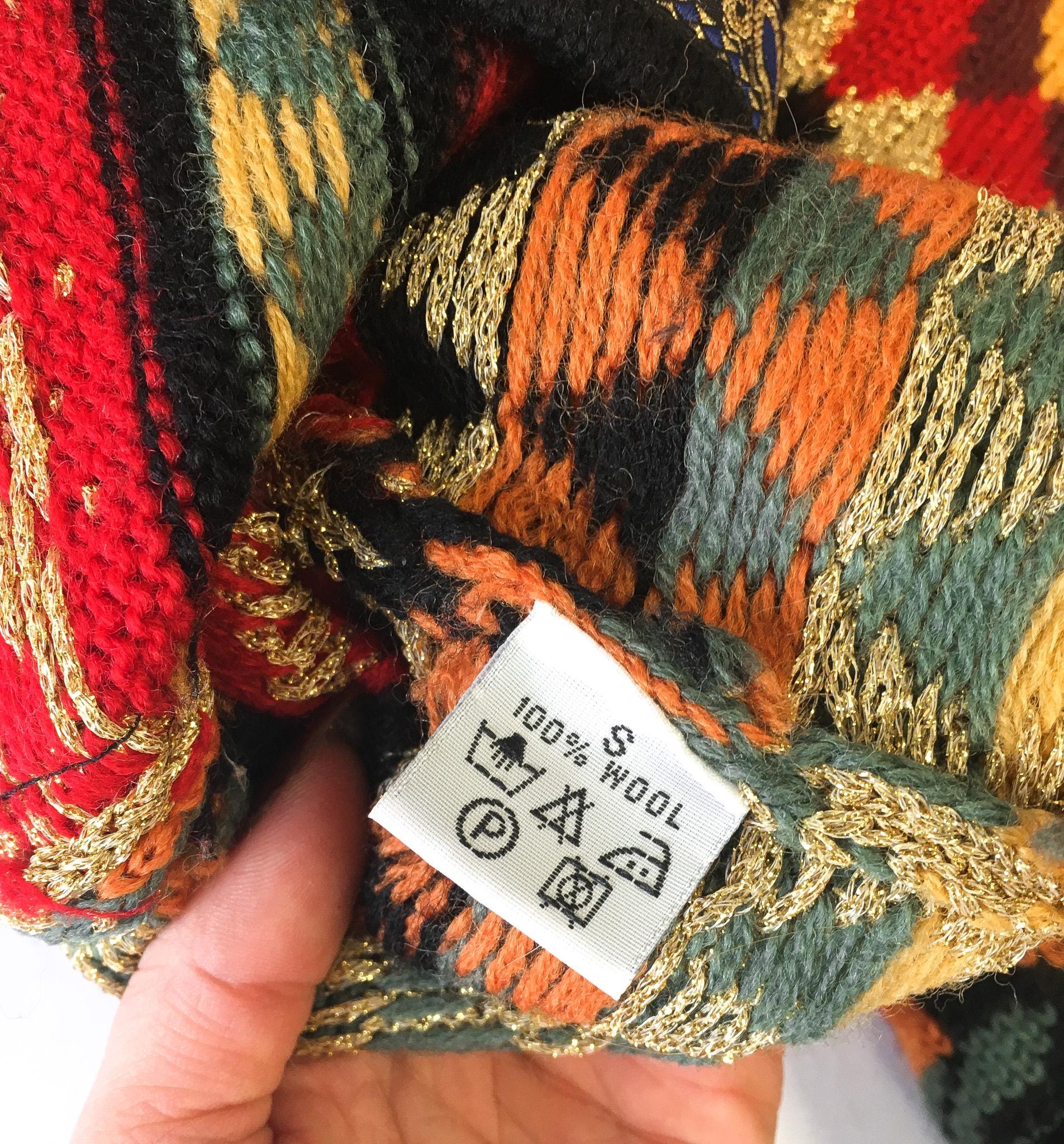 Vintage Vrikke Warm Toned Metallic Gold Abstract Patterned Wool Nordic Cardigan Sweater, Women's Sz. S, Unique Statement Norwegian Sweater