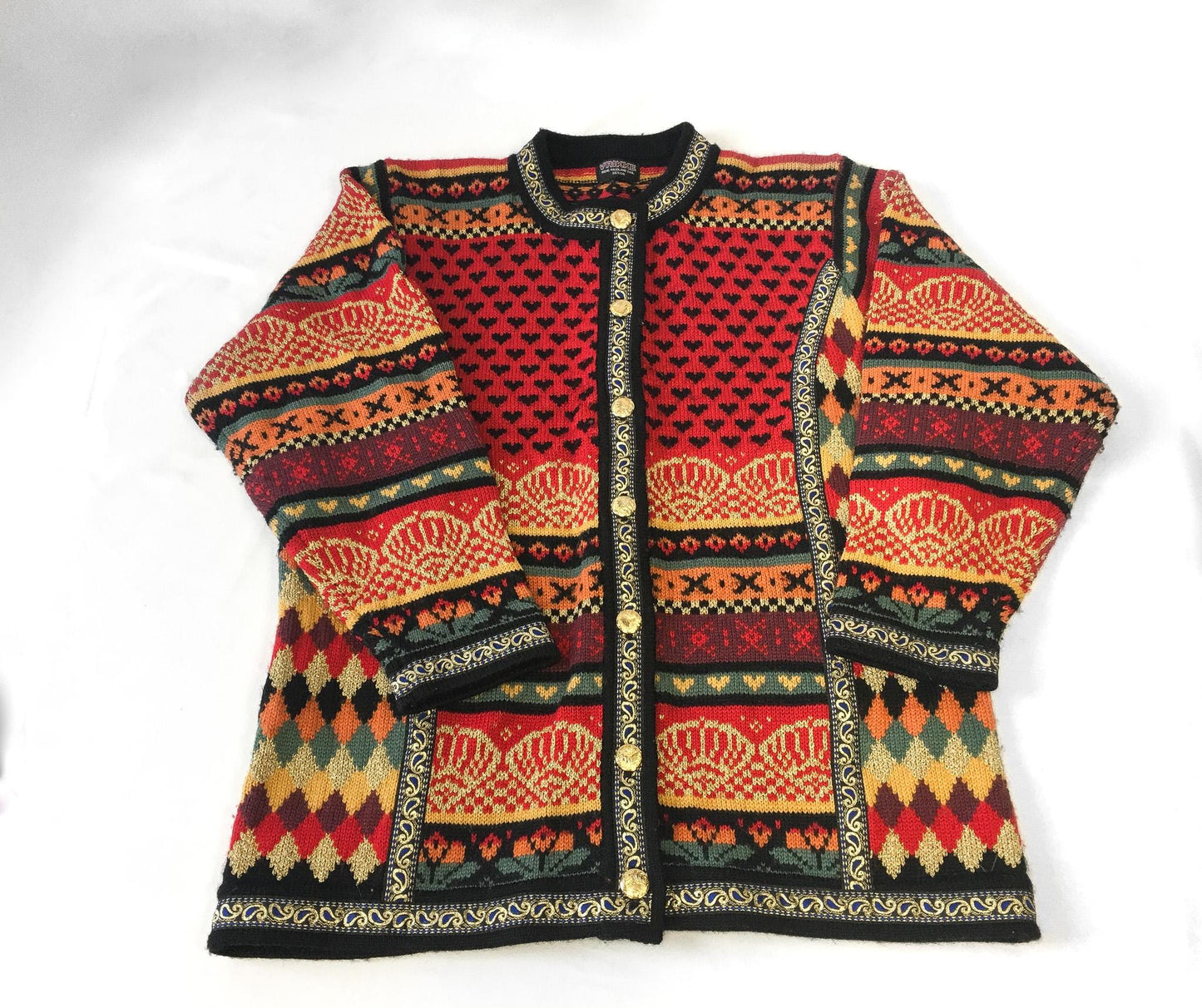 Vintage Vrikke Warm Toned Metallic Gold Abstract Patterned Wool Nordic Cardigan Sweater, Women's Sz. S, Unique Statement Norwegian Sweater