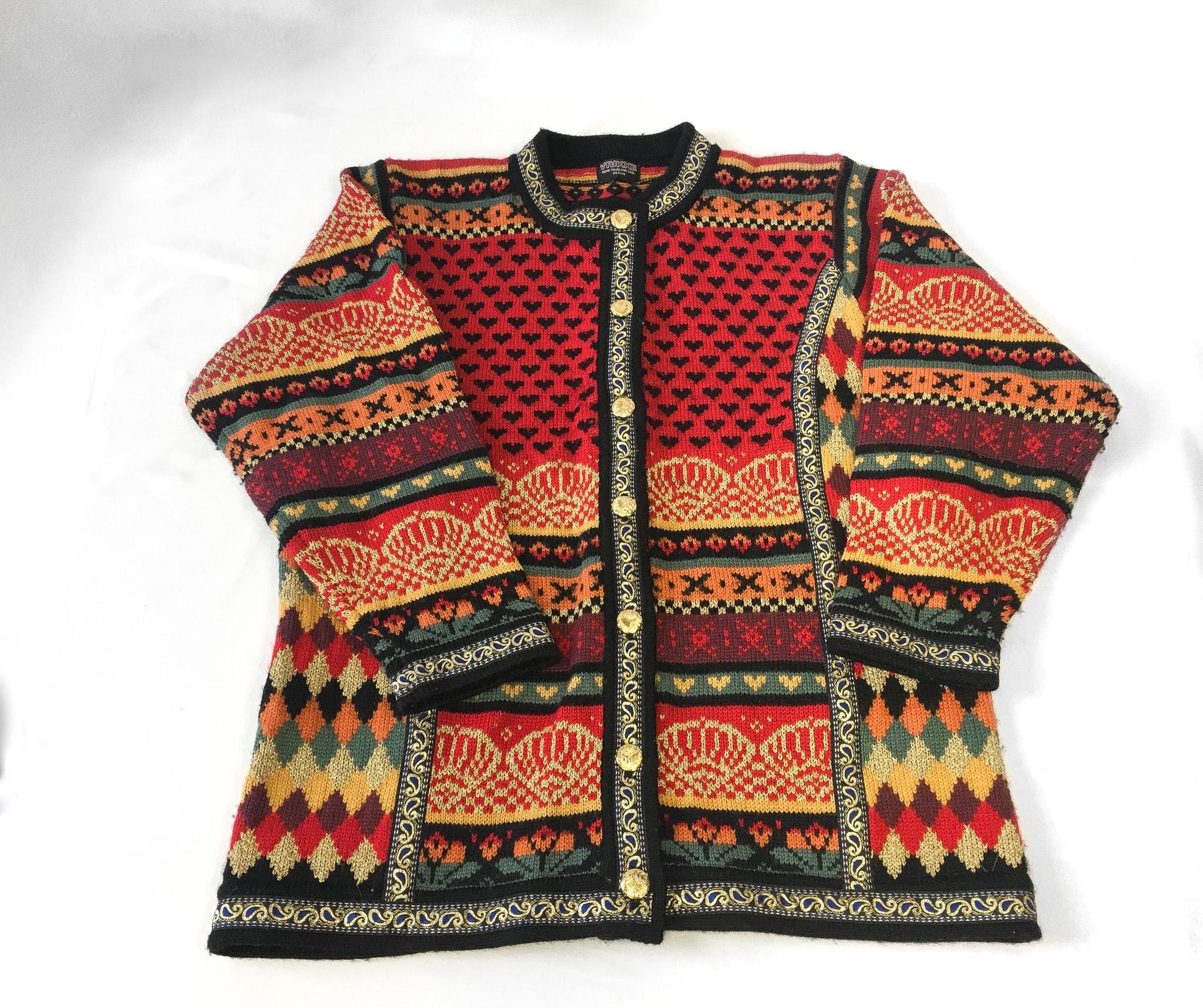 Vintage Vrikke Warm Toned Metallic Gold Abstract Patterned Wool Nordic Cardigan Sweater, Women's Sz. S, Unique Statement Norwegian Sweater