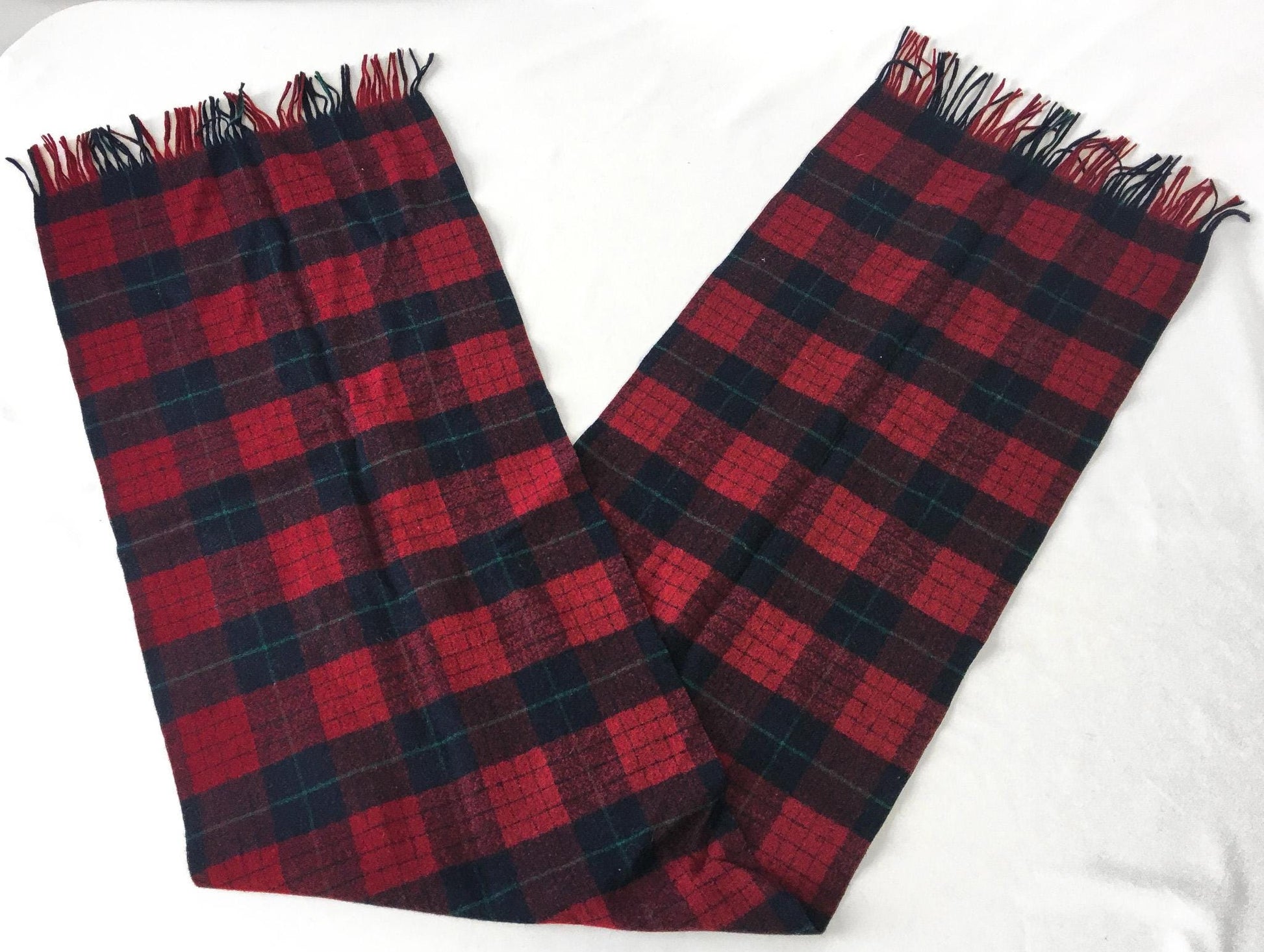 Vintage 70s Pendleton Red Tartan Plaid Patterned Pure Wool Scarf, 11" x 51", Preppy Festive Style Scarf