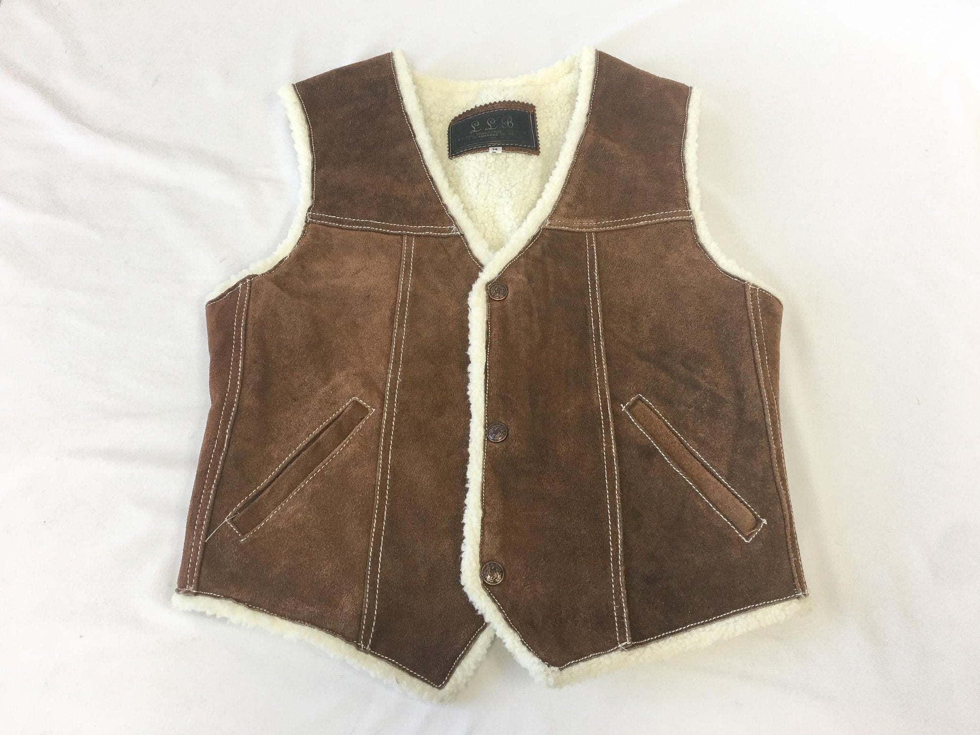 Vintage LLB Brown Suede Cowhide Sherpa Lined Vest, Approx. Women's Sz. XS, Vintage Western Country Style Vest