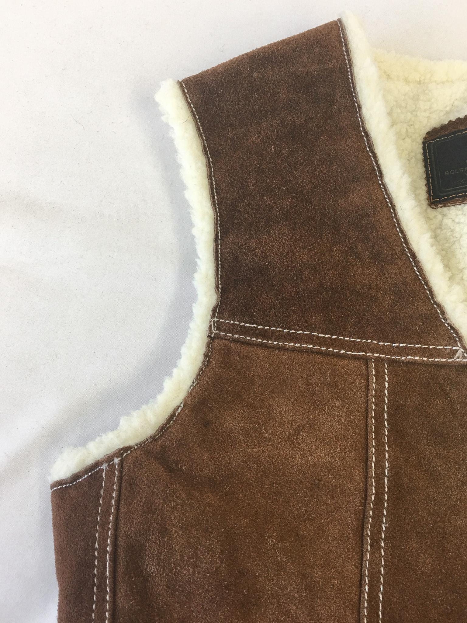 Vintage LLB Brown Suede Cowhide Sherpa Lined Vest, Approx. Women's Sz. XS, Vintage Western Country Style Vest