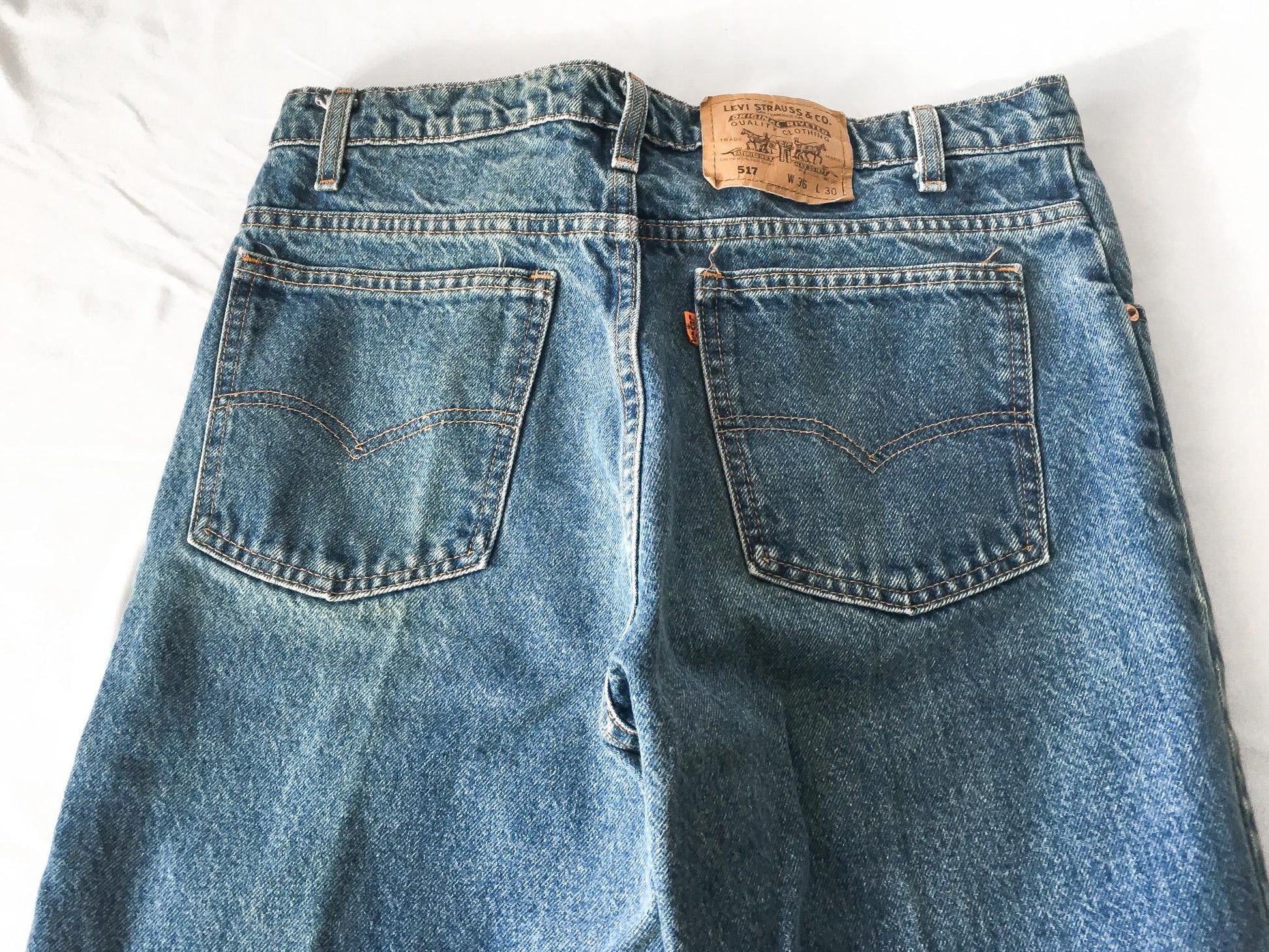 70s Levis Orange Tab 517 Medium Wash High Rise Bootcut Jeans, Unisex Sz. 33" x 29"