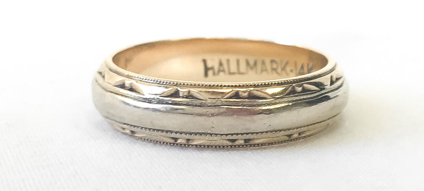 Vintage 14K Hallmark Two Toned Gold Etched Band Ring, Sz. 4.5, Simple Everyday Minimalist Stackable Band Ring