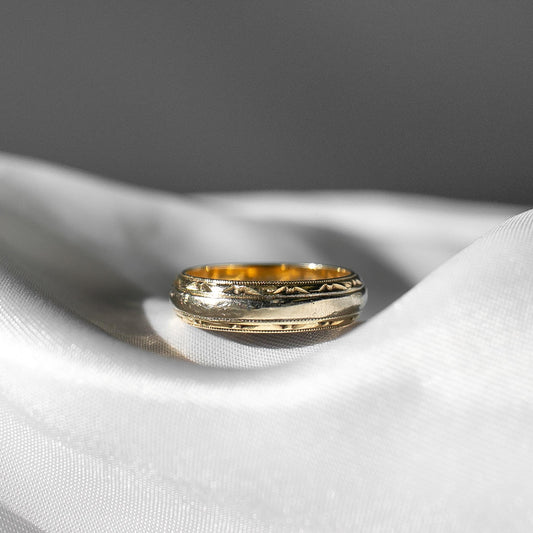 Vintage 14K Hallmark Two Toned Gold Etched Band Ring, Sz. 4.5, Simple Everyday Minimalist Stackable Band Ring