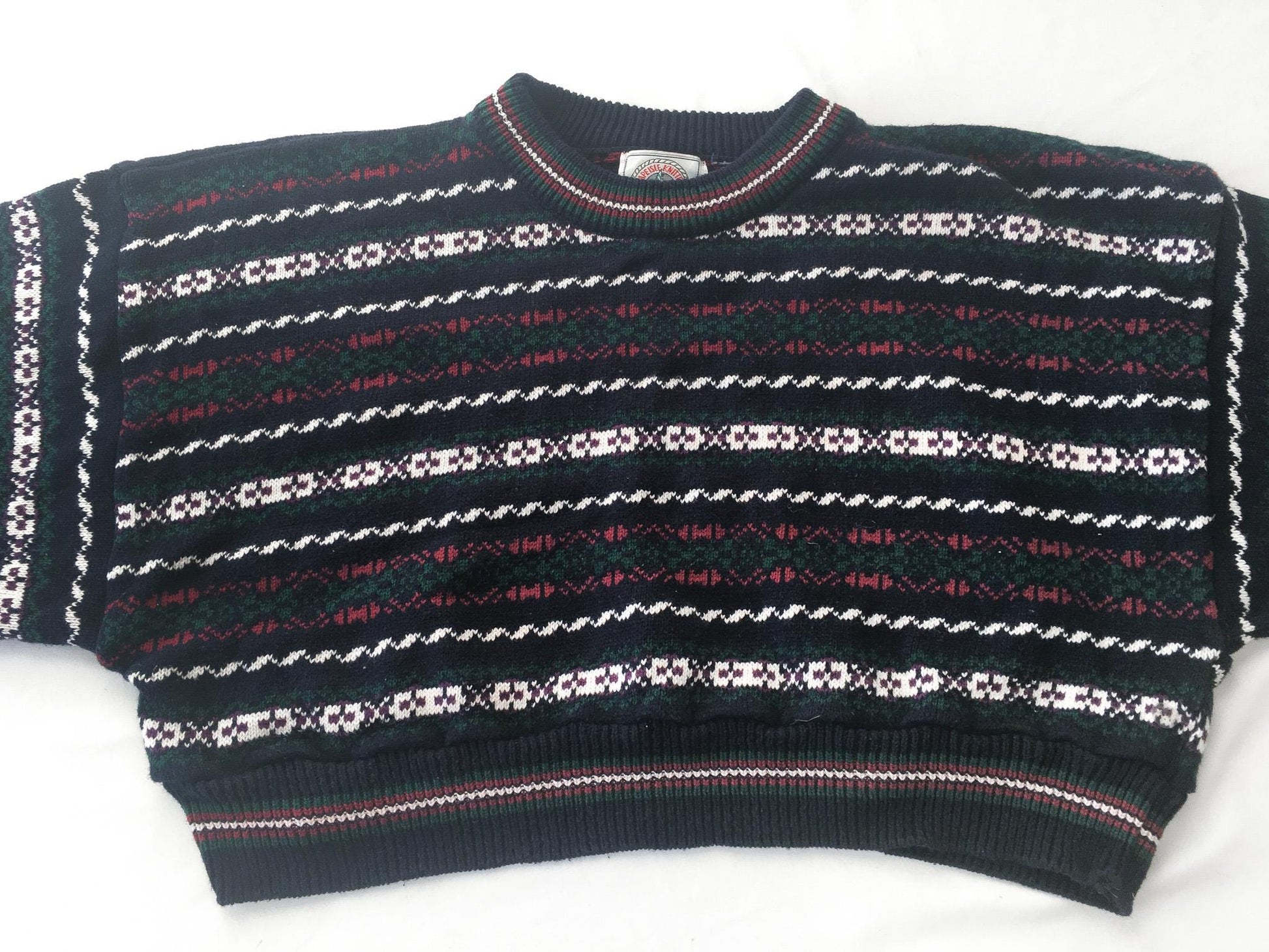 Vintage 90s Cape Isle Knitters Navy Abstract Striped Cropped Knit Sweater, Women's Sz. XS/S