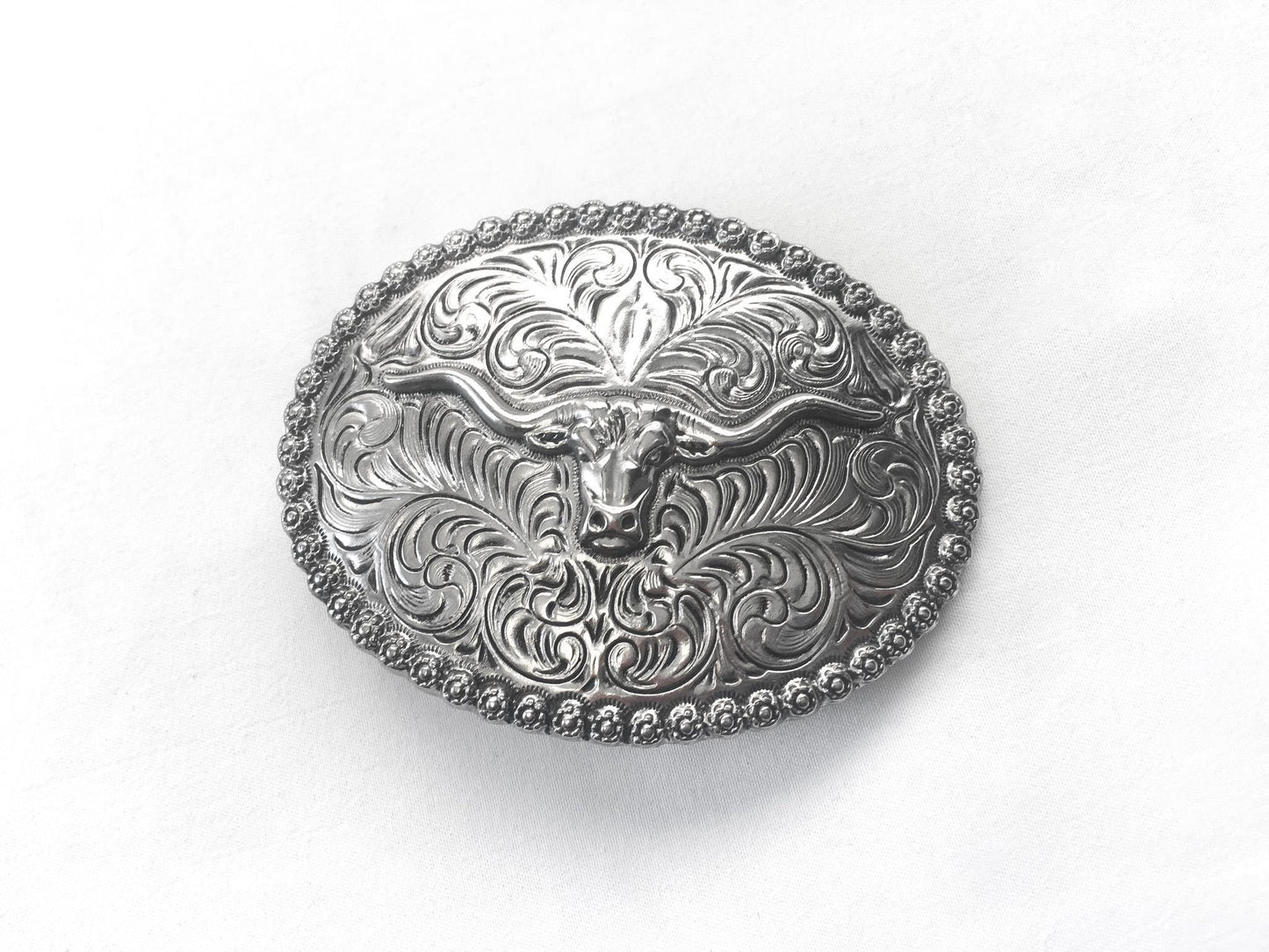 Metal Silver Toned Longhorn Engraved Oval Belt Buckle, 3.25" x 2.5", Vintage Western Accessories
